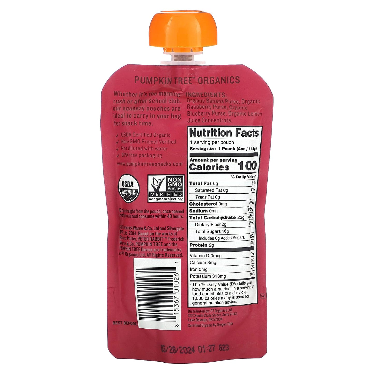 Pumpkin Tree Organics, Peter Rabbit Organics, Organic Fruit Puree, Banana, Raspberry & Blueberry, 4 oz (113 g) - Image 2