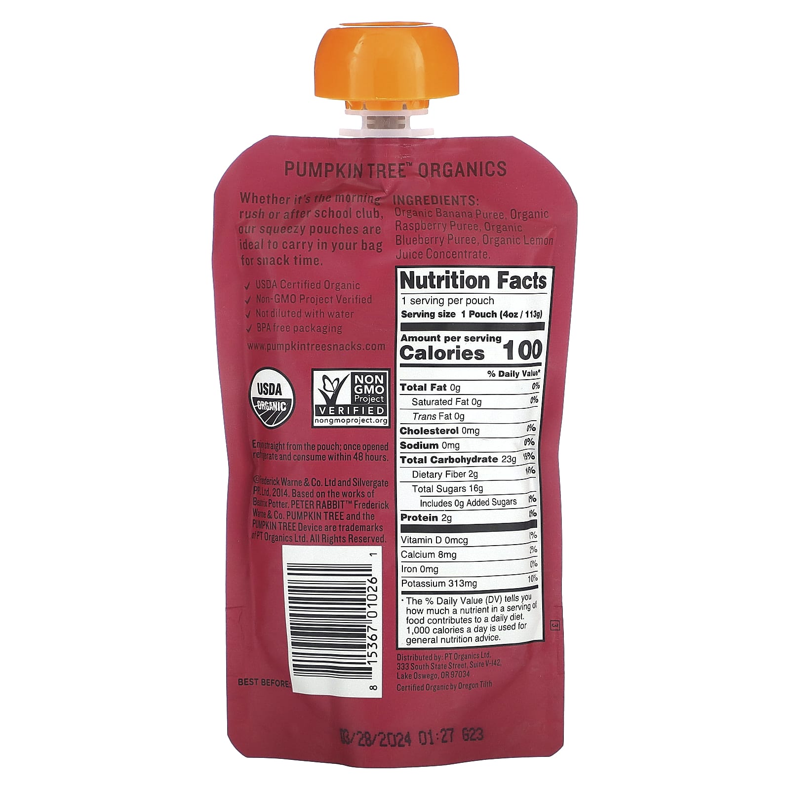 Pumpkin Tree Organics, Peter Rabbit Organics, Organic Fruit Puree, Banana, Raspberry & Blueberry, 4 oz (113 g) - Image 2
