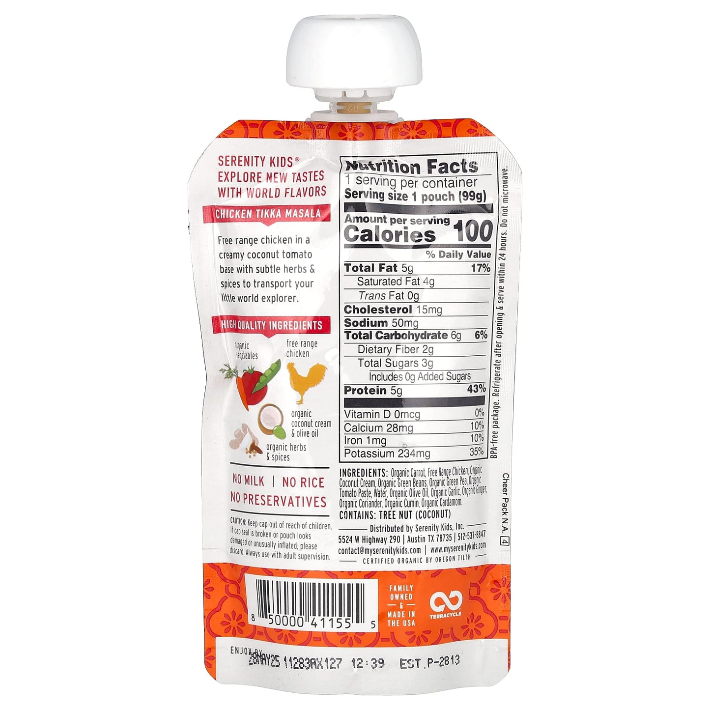 Serenity Kids, Chicken Tikka Masala with Carrot, Coconut Cream, Green Beans, Herbs & Spices, 6+ Months, 3.5 oz (99 g) - Image 2