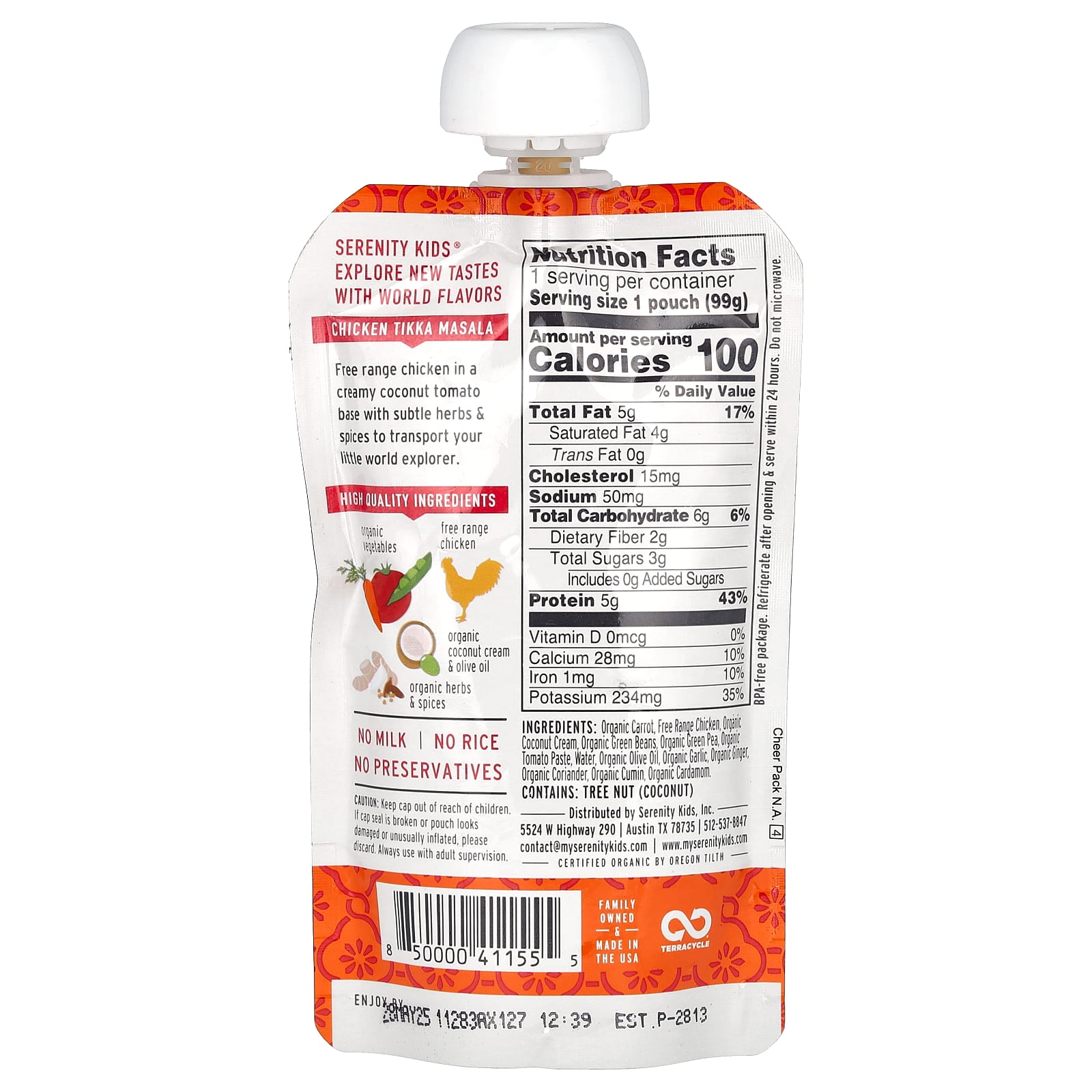 Serenity Kids, Chicken Tikka Masala with Carrot, Coconut Cream, Green Beans, Herbs & Spices, 6+ Months, 3.5 oz (99 g) - Image 2