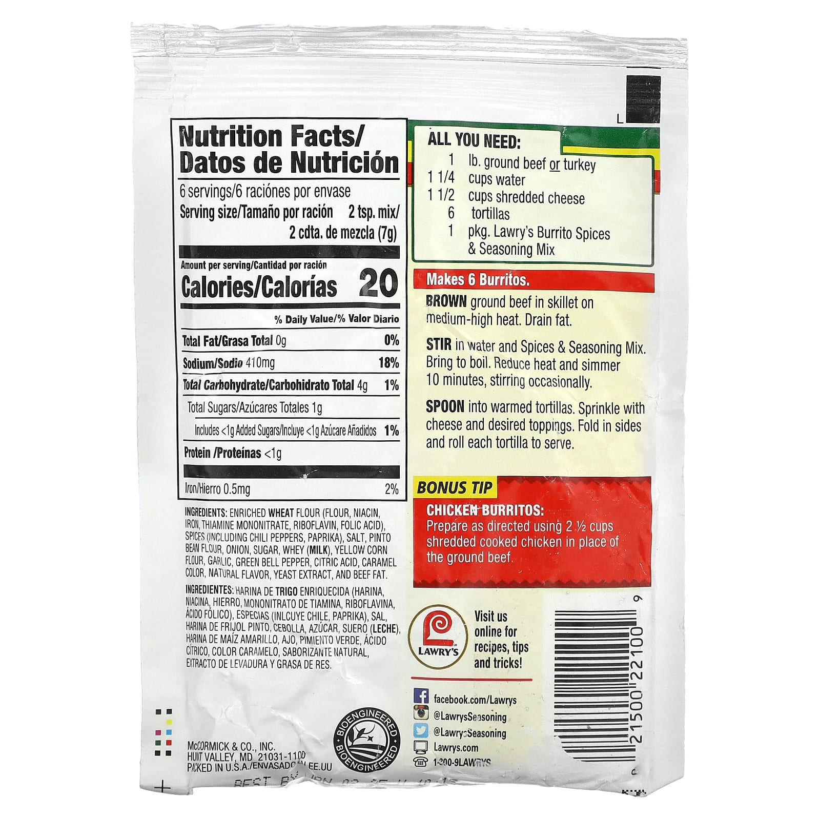 Lawry's, Spices & Seasonings Mix, Burrito , 1.5 oz (42 g) - Image 2