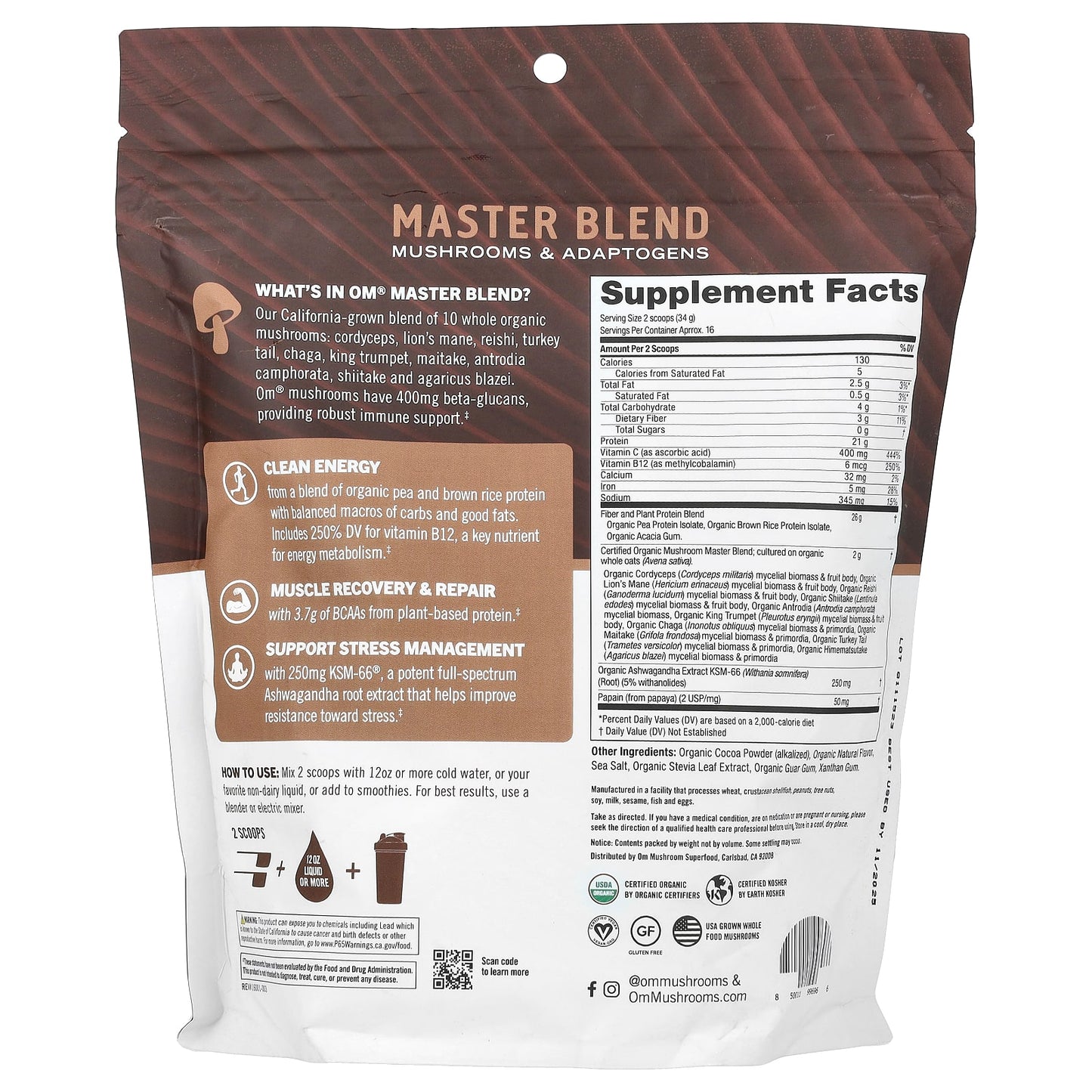 Om Mushrooms, Master Blend, Plant Protein, Creamy Chocolate, 1.2 lb (546 g) - Image 2