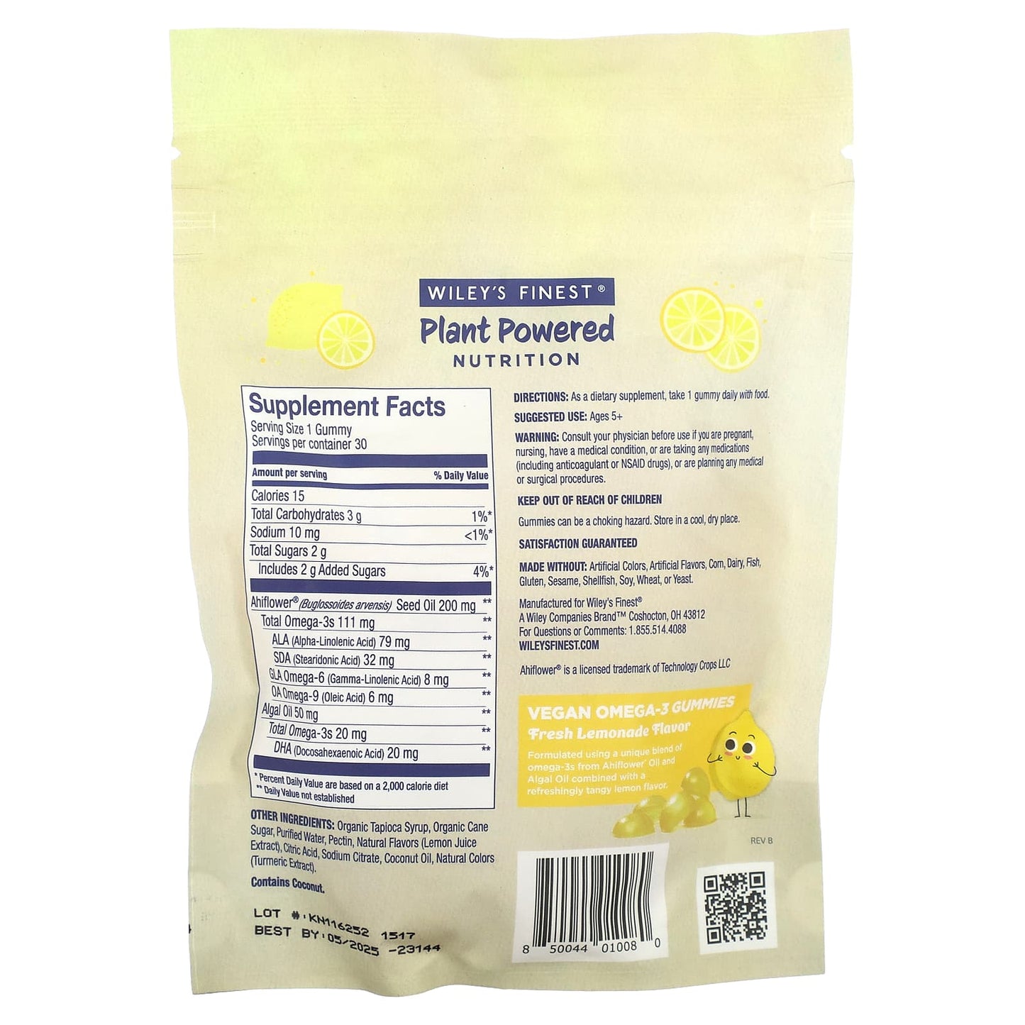 Wiley's Finest, Plant Powered Nutrition, Vegan Omega-3 Gummies, For Kids, Fresh Lemonade, 131 mg, 30 Gummies - Image 2