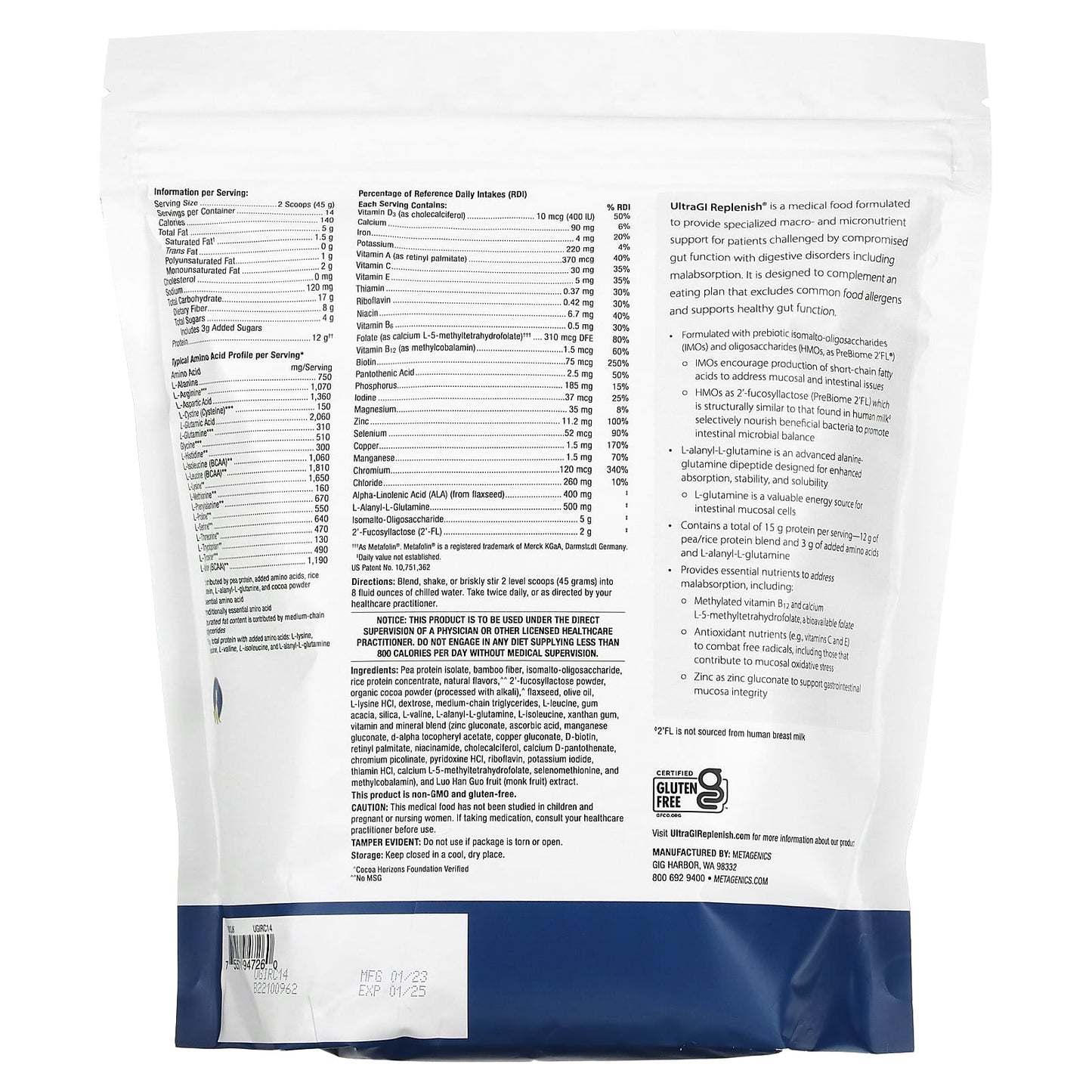 Metagenics, UltraGI Replenish, Chocolate, 22.22 oz (630 g) - Image 2