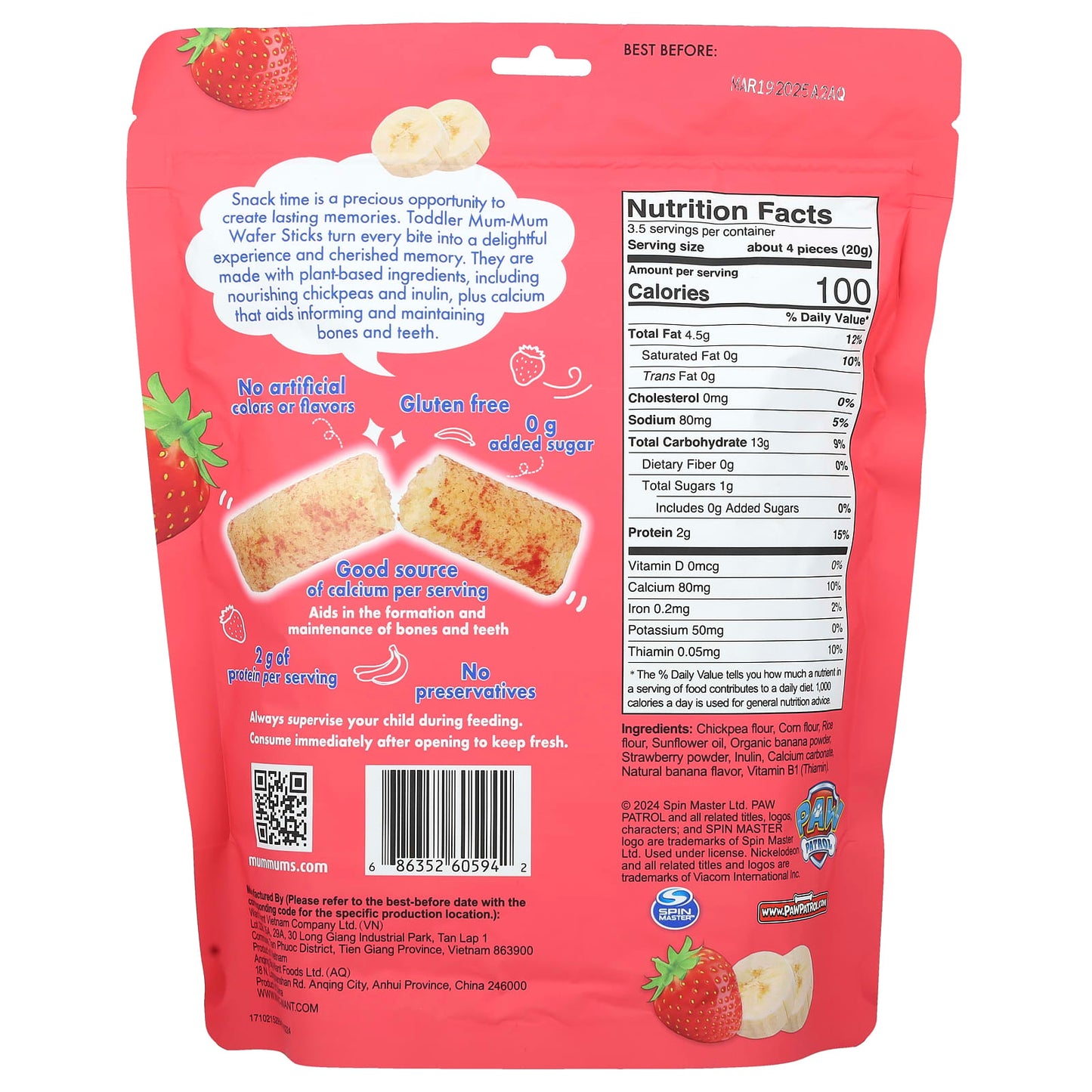 Hot Kid Paw Patrol Toddler Snacks - Banana & Strawberry Wafer Sticks - Image 2