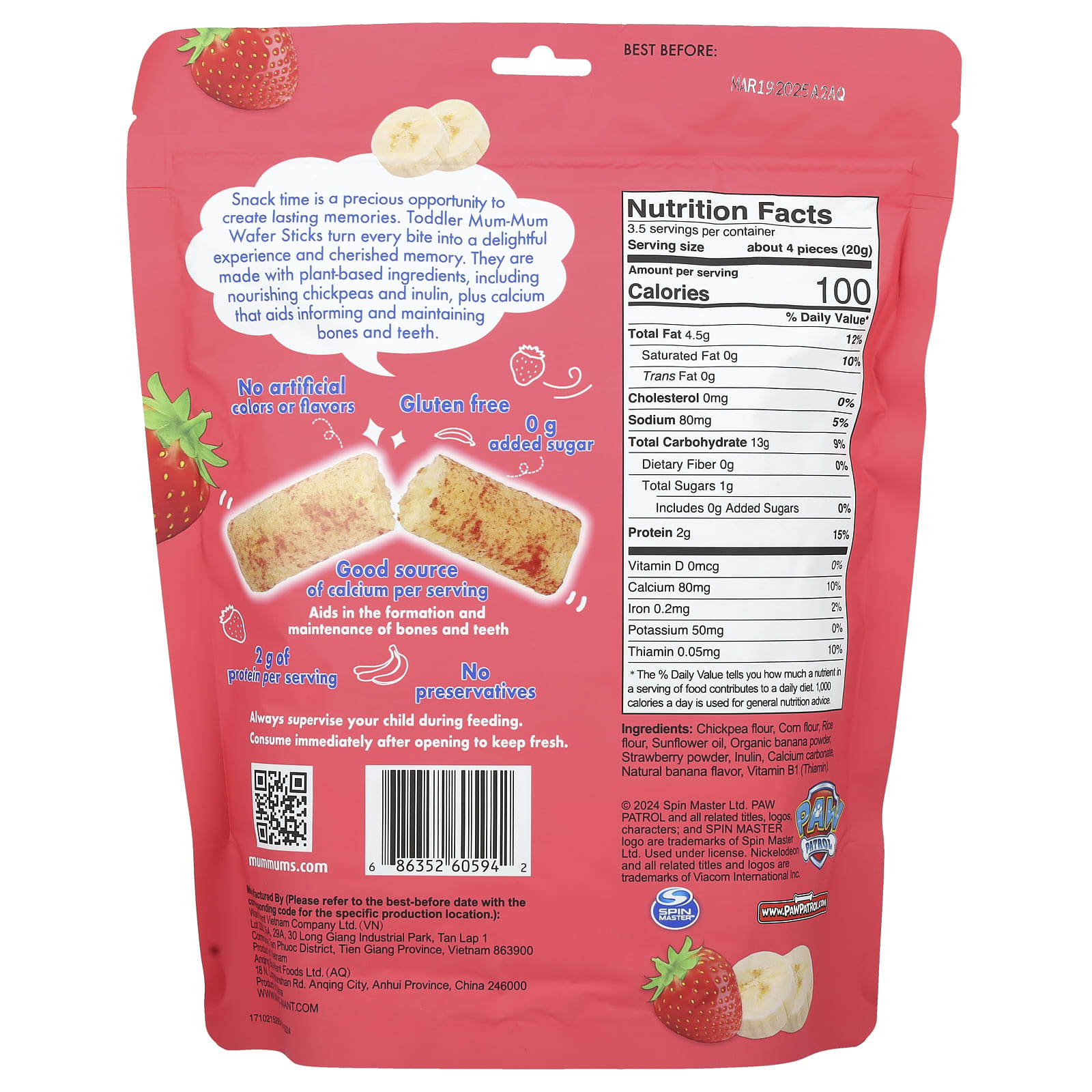 Hot Kid Paw Patrol Toddler Snacks - Banana & Strawberry Wafer Sticks - Image 2