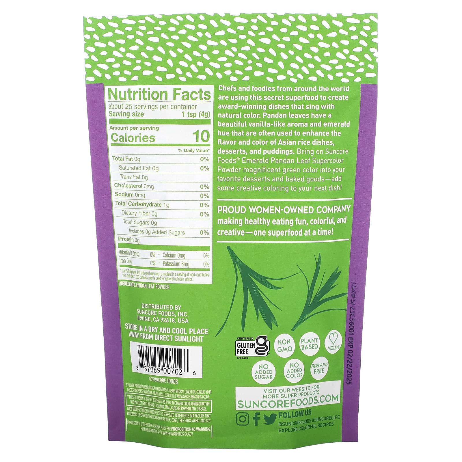 Suncore Foods, Emerald Pandan Leaf, Supercolor Powder, 3.5 oz (99 g) - Image 2