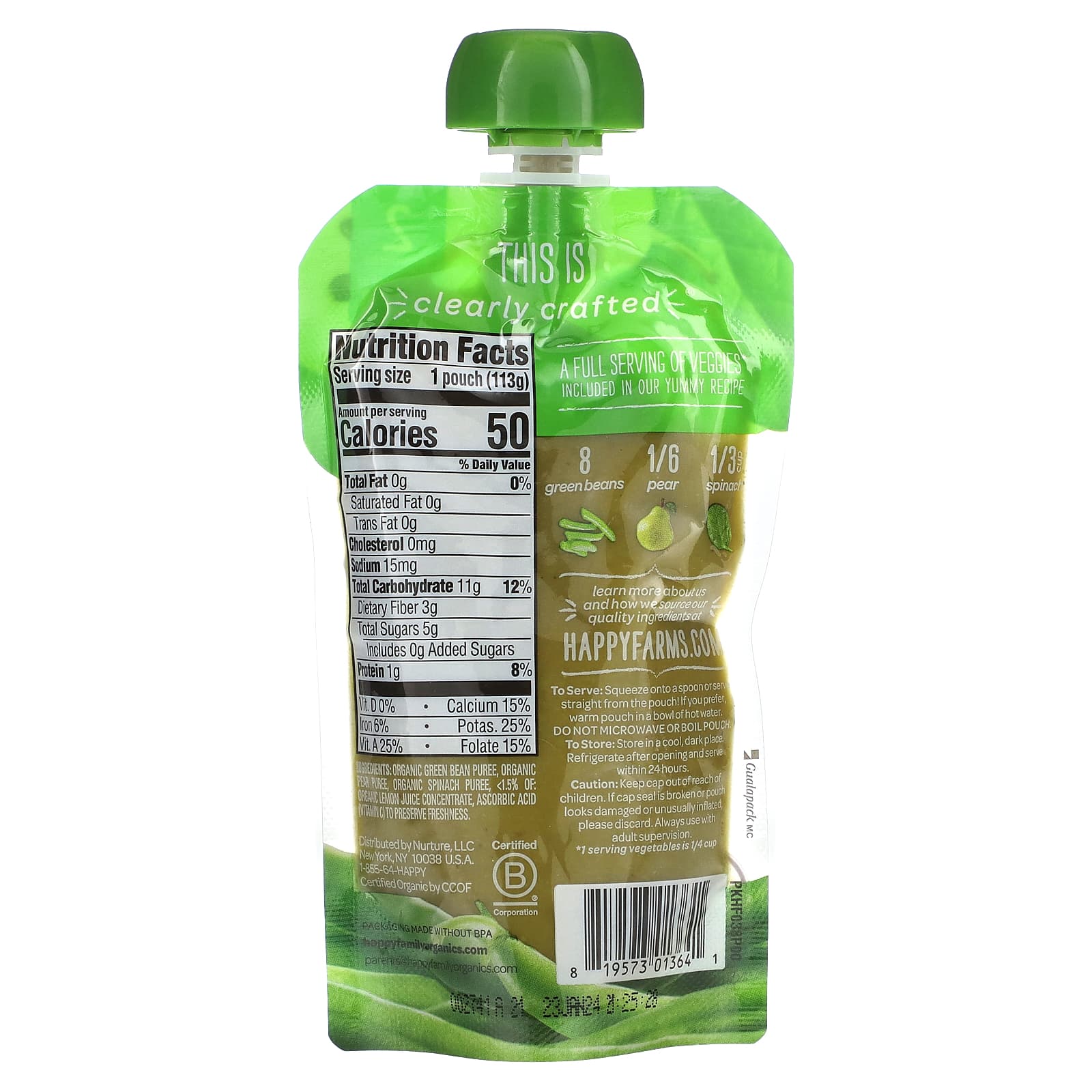 Organic Baby Food, Happy Family, Green Beans &amp; Veggies, 6+ Months, 4 oz - Image 2