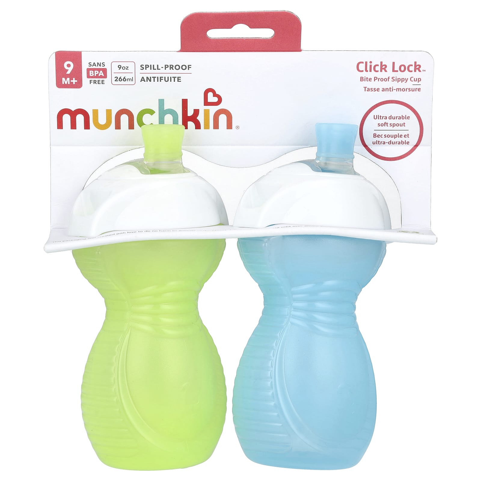 Munchkin, Click Lock™, Bite Proof Sippy Cup, 9 Months+, Light Green & Light Blue, 2 Count, 9 oz (266 ml) Each - Image 1