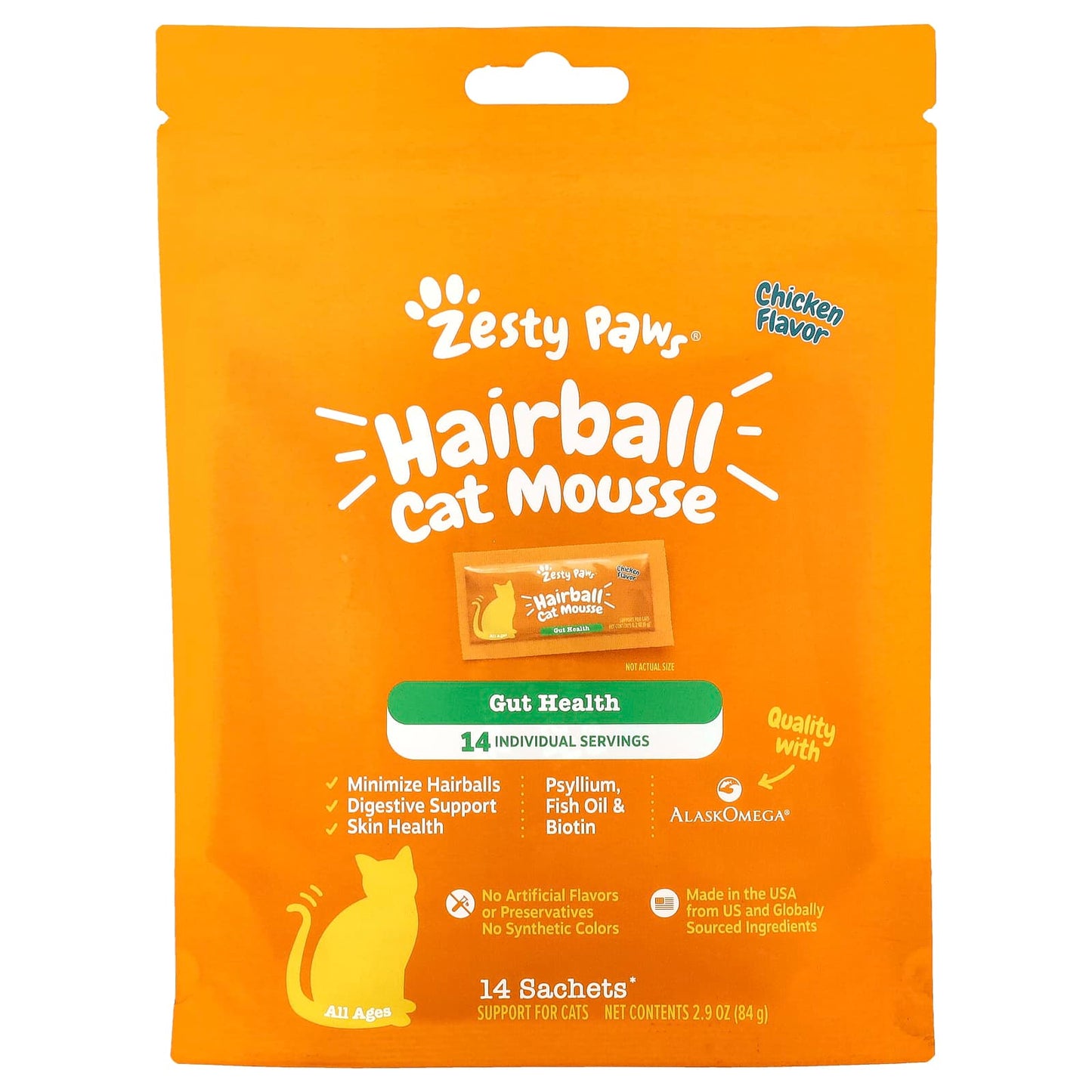 Zesty Paws, Hairball Cat Mousse, All Ages, Chicken, 14 Sachets, 0.2 oz (6 g) Each - Image 1