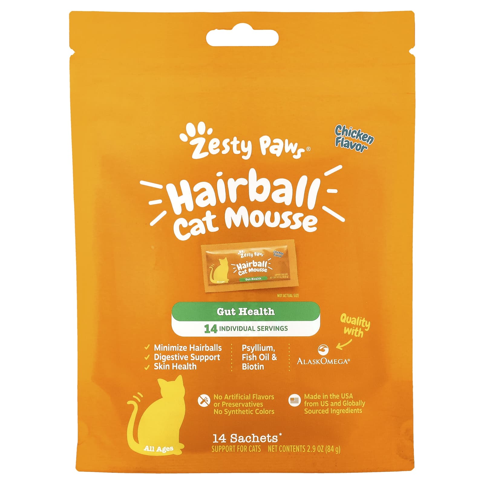 Zesty Paws, Hairball Cat Mousse, All Ages, Chicken, 14 Sachets, 0.2 oz (6 g) Each - Image 1