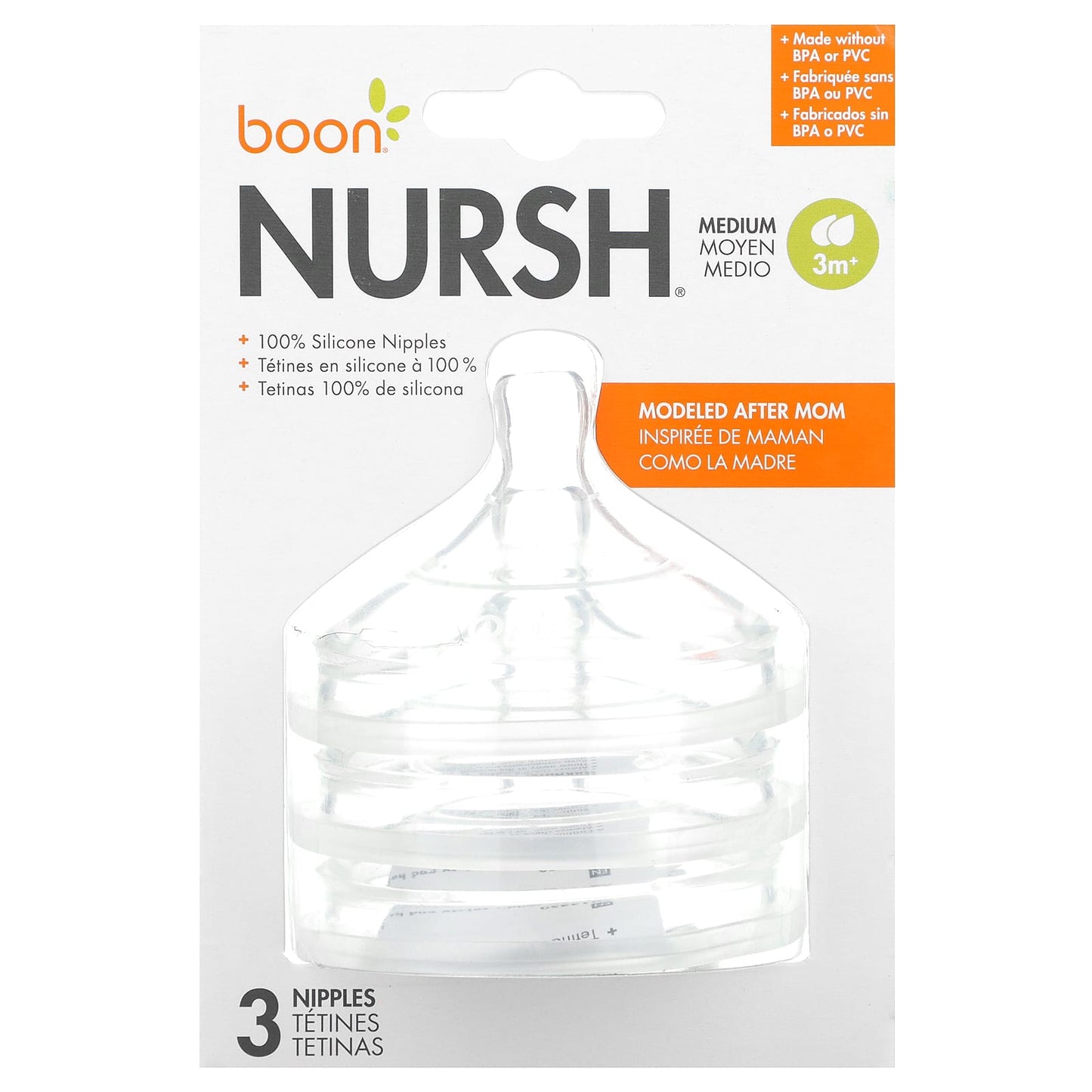 Boon Nursh Medium Silicon Nipples, 3+ Months, 3 Pack - Image 1