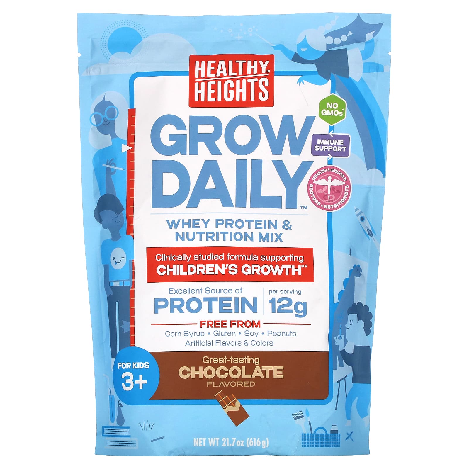 Healthy Heights Grow Daily Kids Whey Protein Mix 3+, Chocolate, 21.7 oz - Image 1