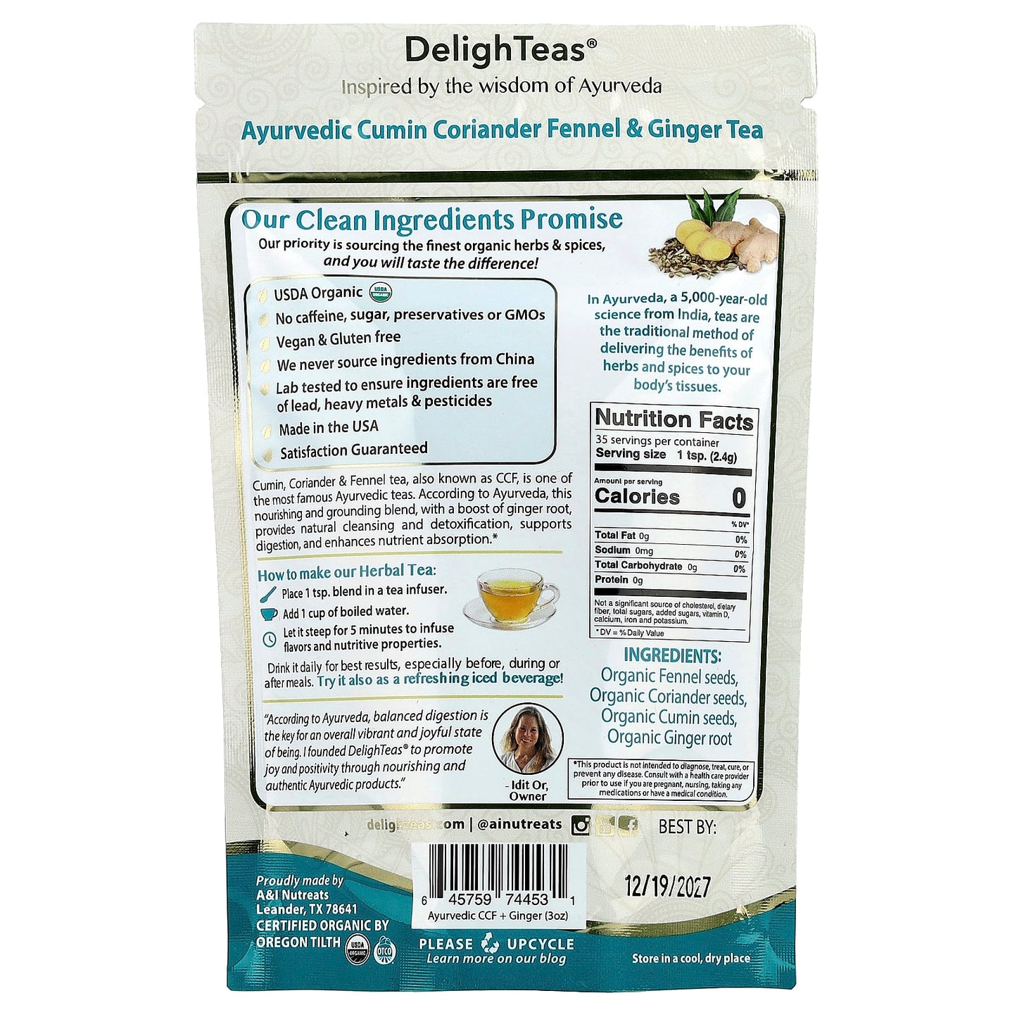 DelighTeas, Ayurvedic CCF Ginger, Herbal Detox Tea, Loose Blend, Caffeine Free, 3 oz (85 g)