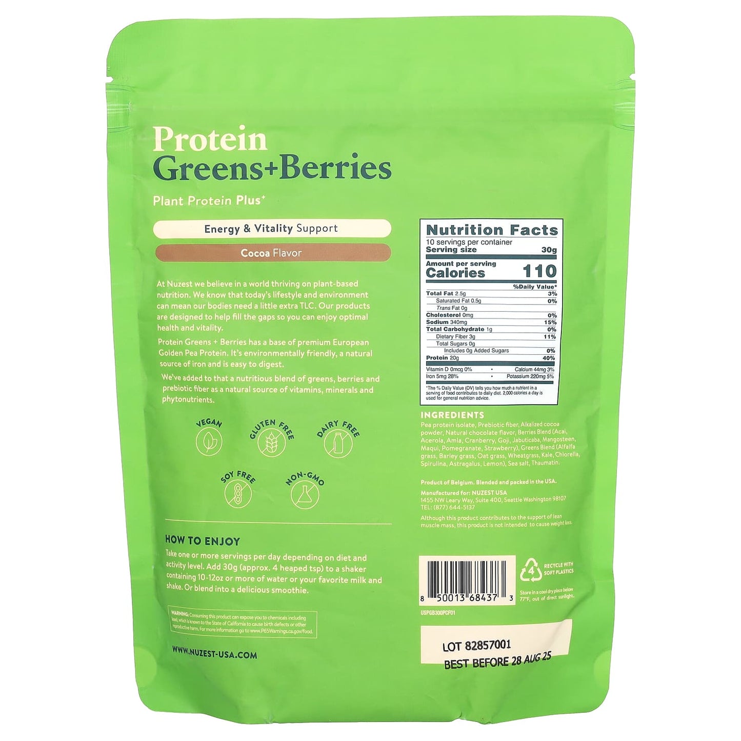 Nuzest, Protein, Greens + Berries, Cocoa, 10.6 oz (300 g) - Image 2