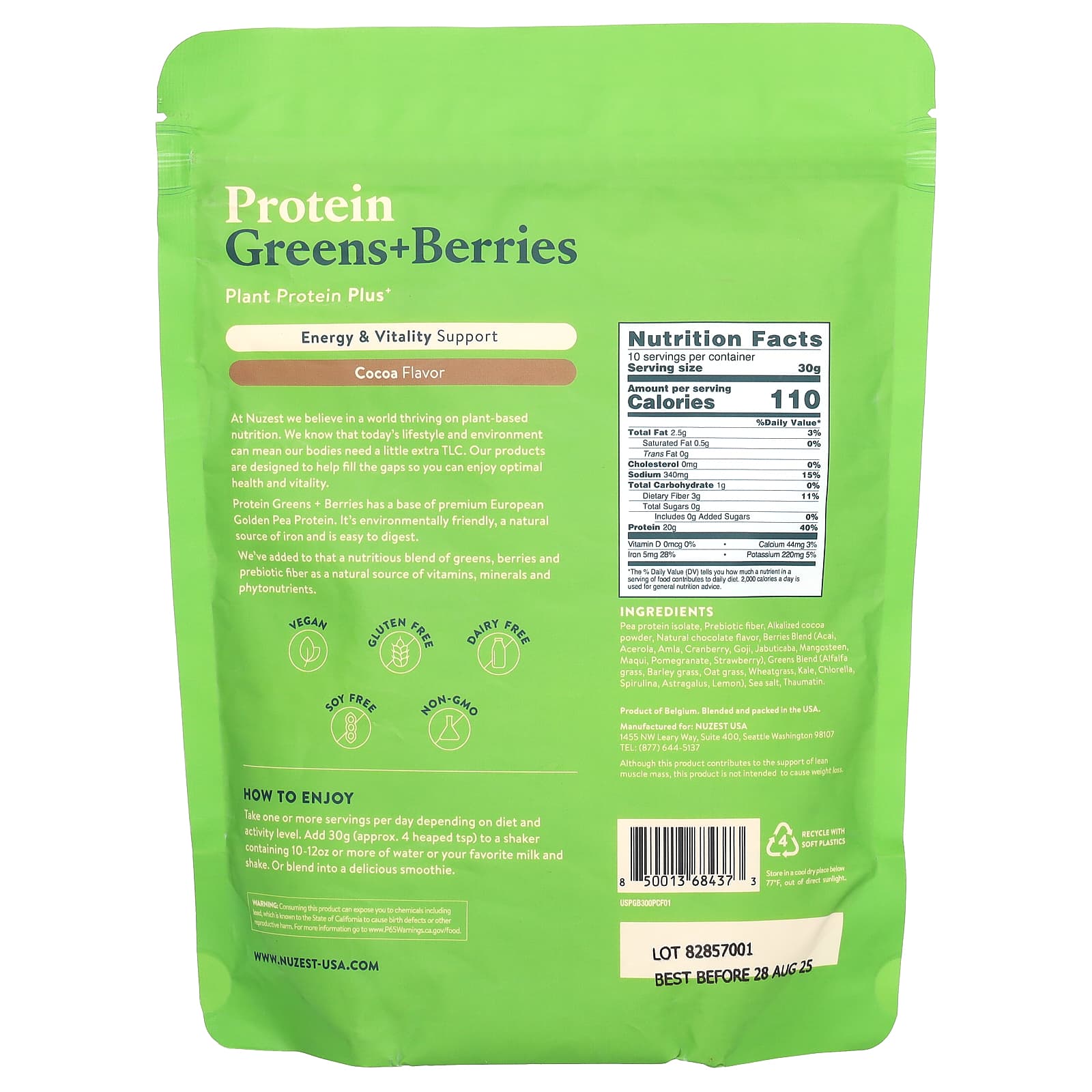 Nuzest, Protein, Greens + Berries, Cocoa, 10.6 oz (300 g) - Image 2