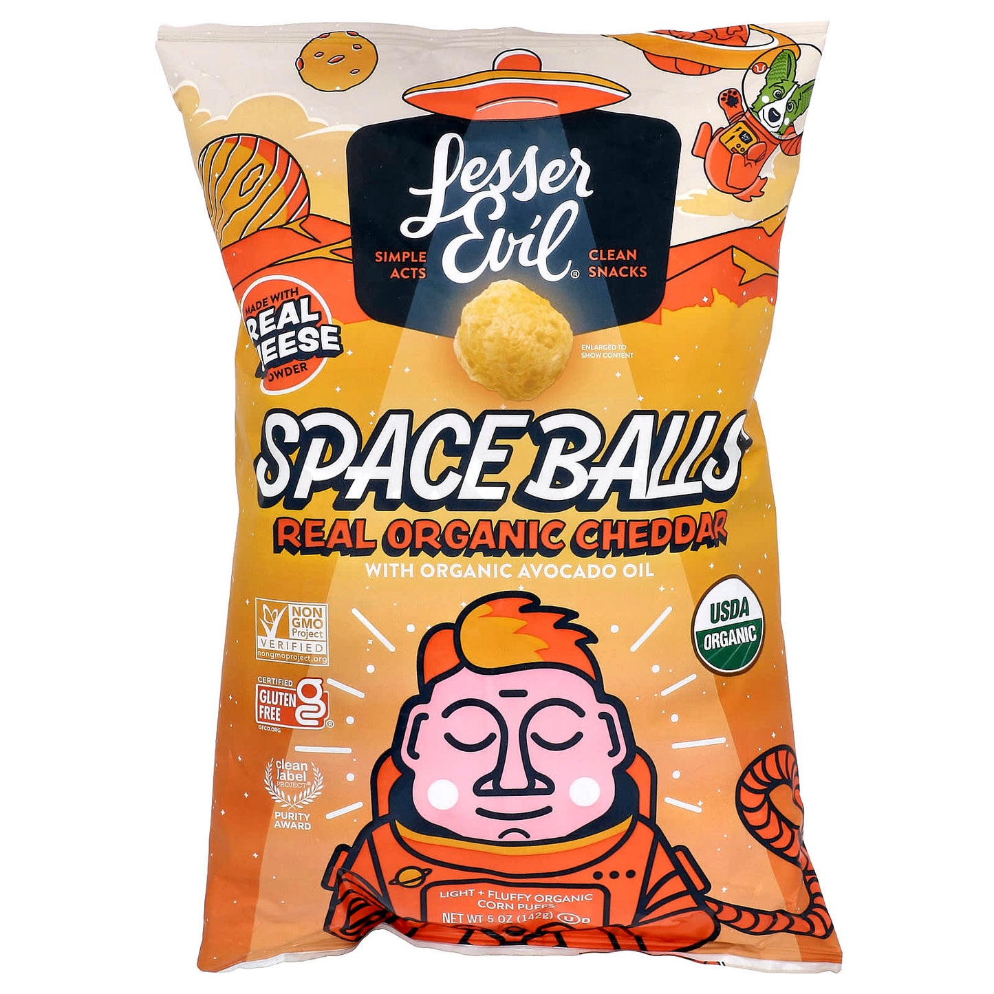 LesserEvil, Space Balls, Real Organic Cheddar, 5 oz (142 g) - Image 1
