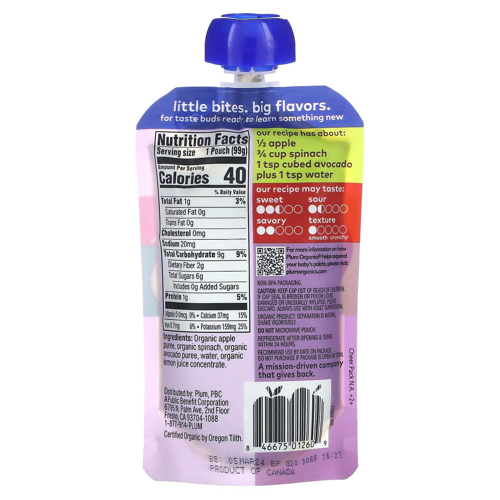 Plum Organics, Organic Baby Food, 6+ Months, Apple, Spinach + Avocado, 3.5 oz (99 g) - Image 2