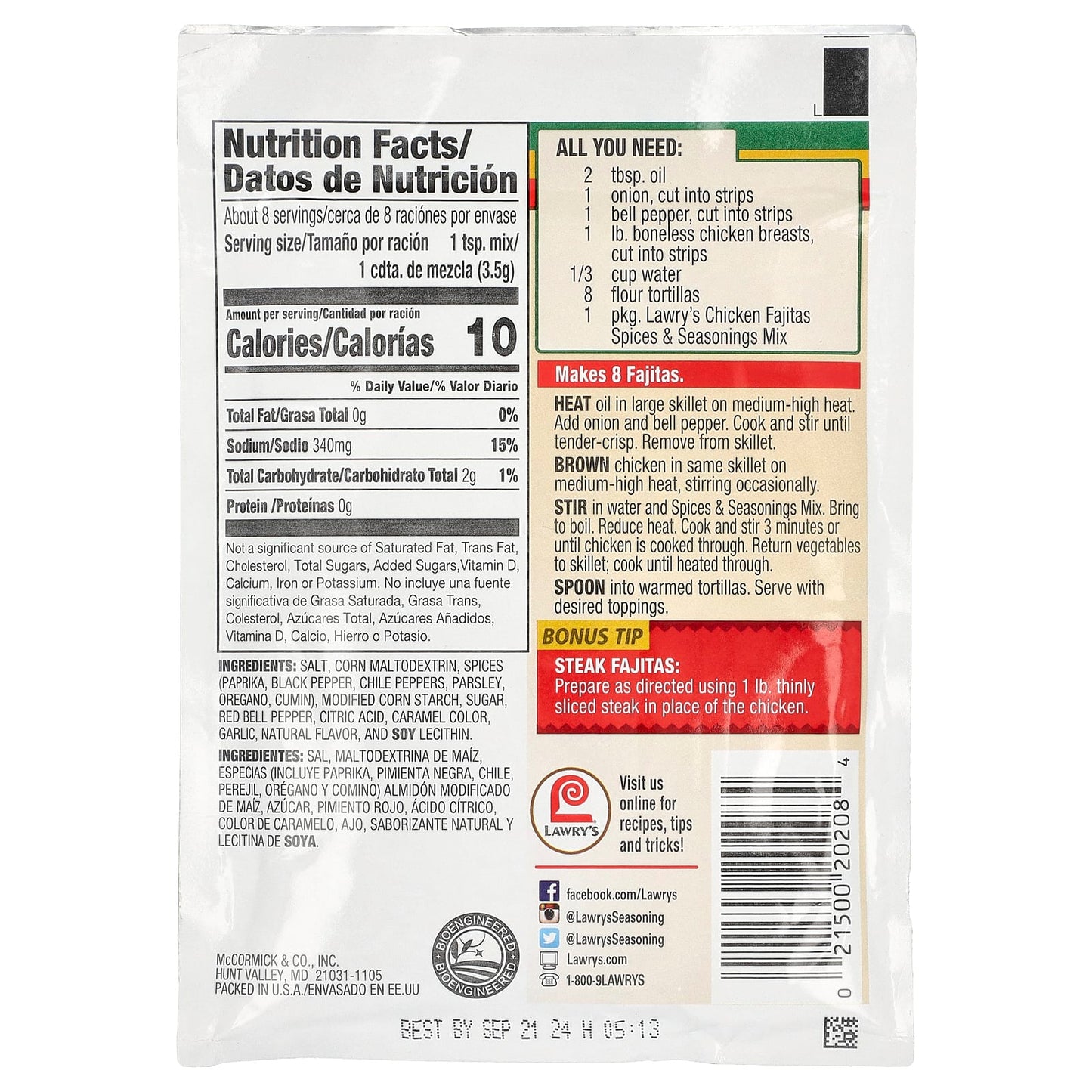 Lawry's, Chicken Fajitas, Spices & Seasonings Mix, 1 oz (28.3 g) - Image 2