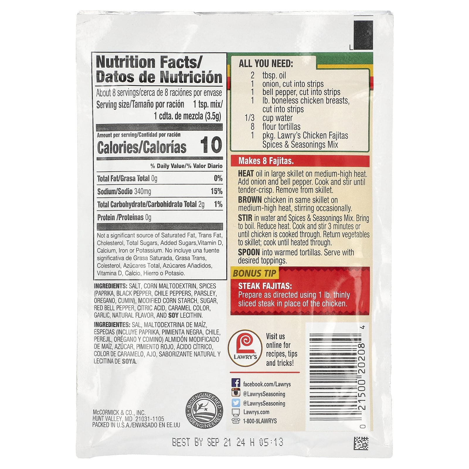 Lawry's, Chicken Fajitas, Spices & Seasonings Mix, 1 oz (28.3 g) - Image 2