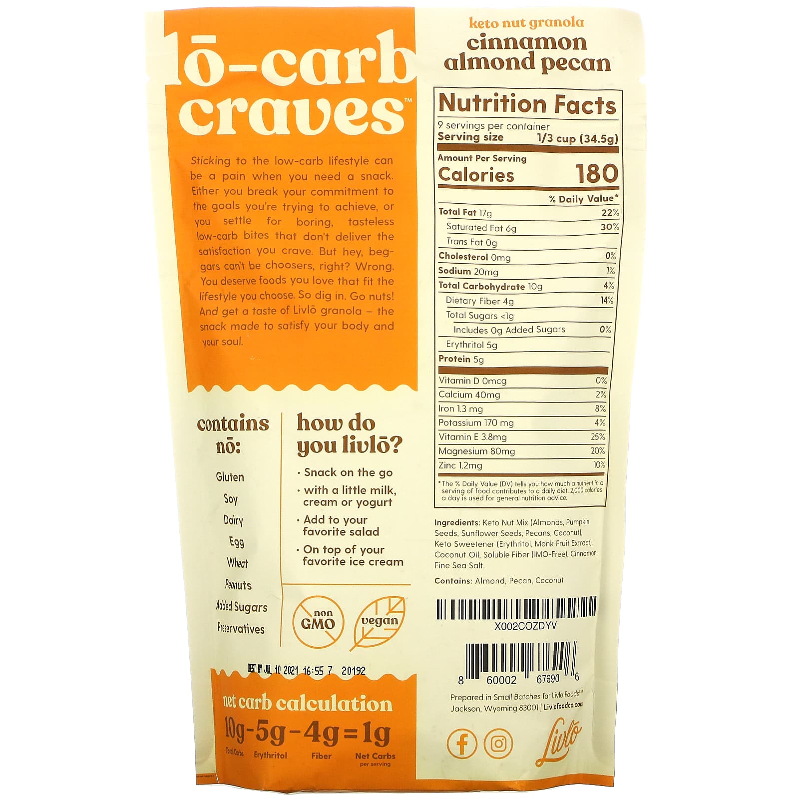 Livlo, Granolo, Keto Granola, Cinnamon Almond Pecan, 11 oz (309 g) - Image 2