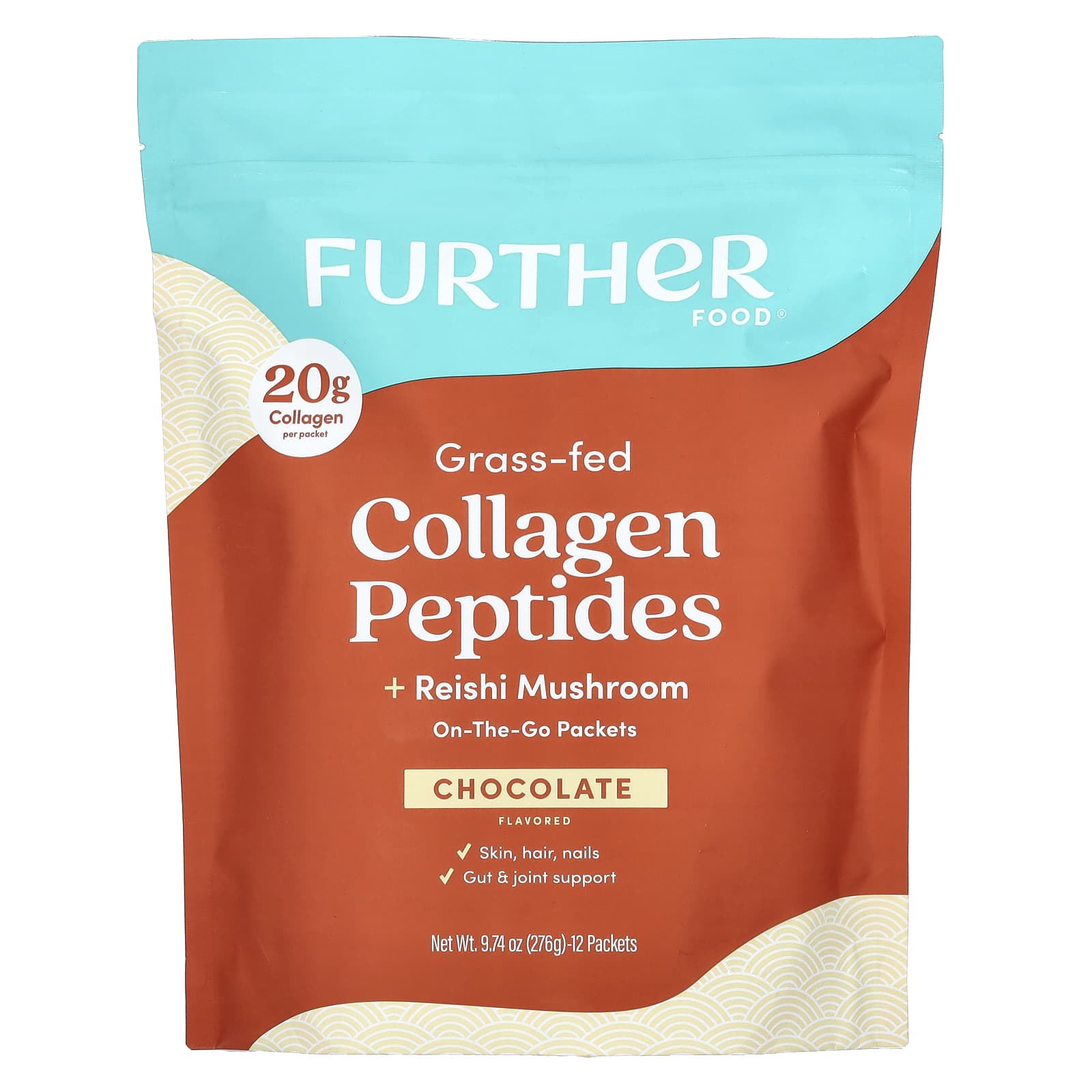 Further Food, Grass-Fed Collagen Peptides + Reishi Mushroom, Chocolate, 12 Packets, 0.81 oz (23 g) Each