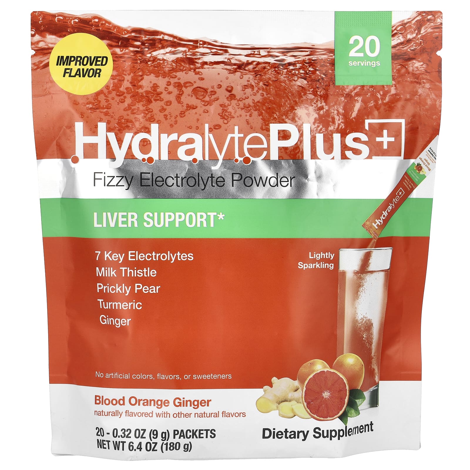 Hydralyte Plus+ Fizzy Electrolyte Powder, Blood Orange Ginger, 20 Packets - Image 1
