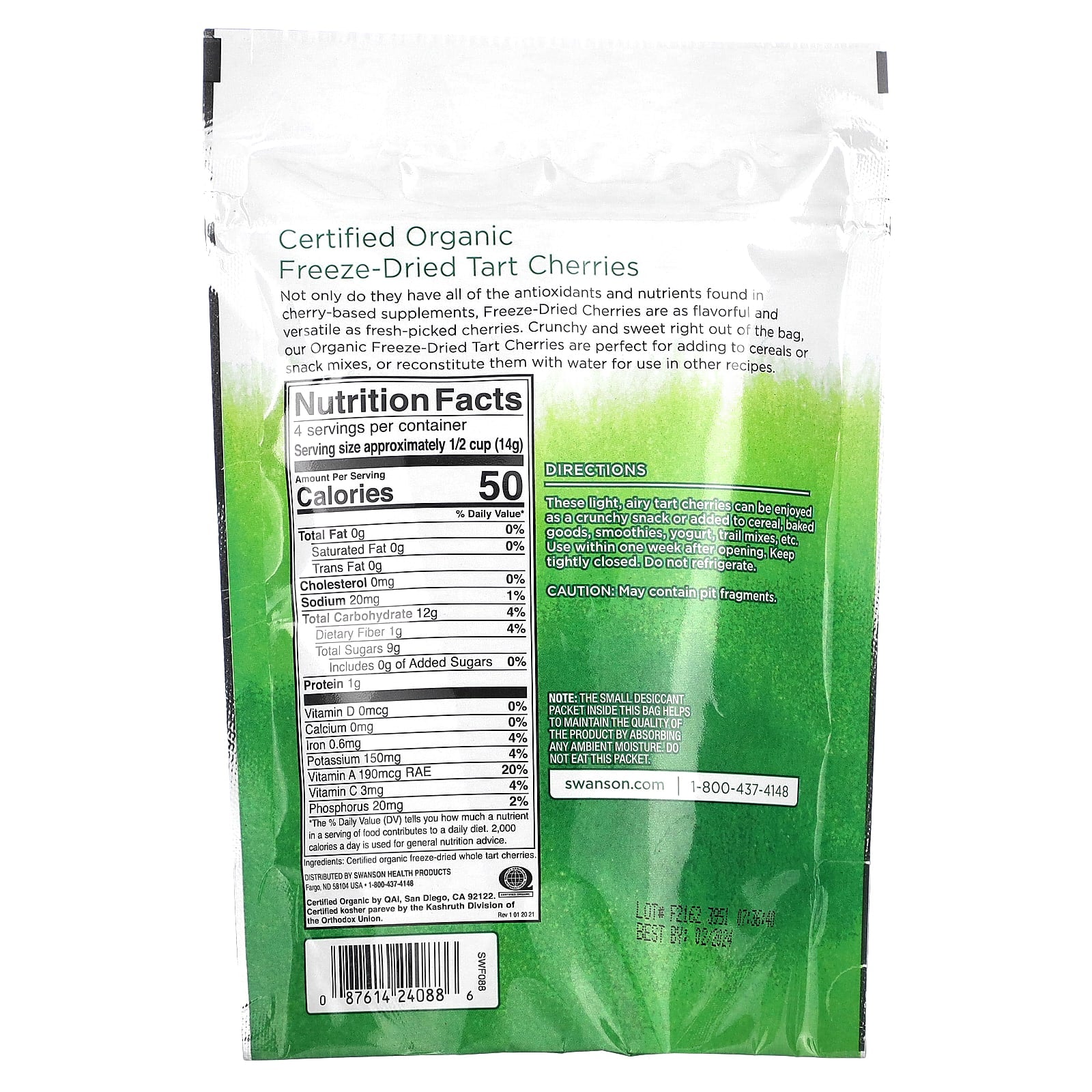 Swanson, Certified Organic Freeze-Dried Tart Cherries, 2 oz (56 g) - Image 2