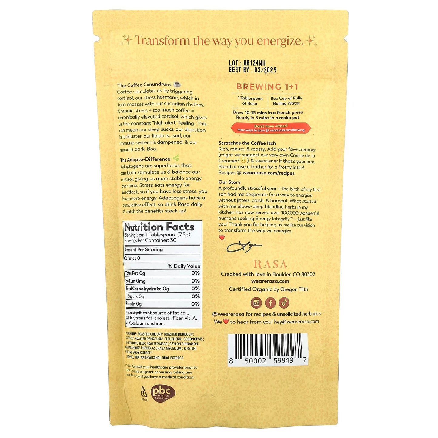 Rasa, Adaptogen-Packed Herbal Coffee Alternative, Original, 8 oz (226 g) - Image 2