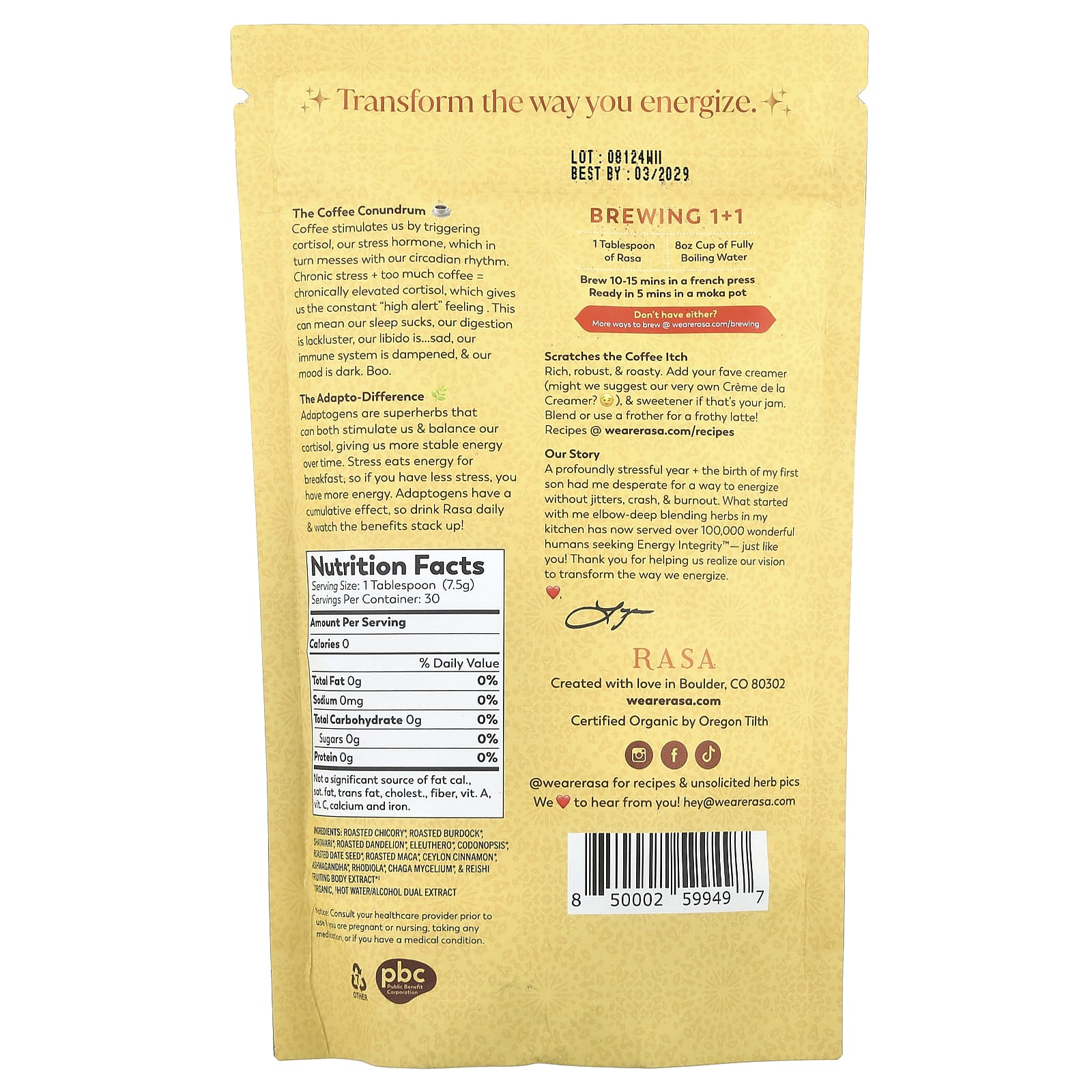 Rasa, Adaptogen-Packed Herbal Coffee Alternative, Original, 8 oz (226 g) - Image 2