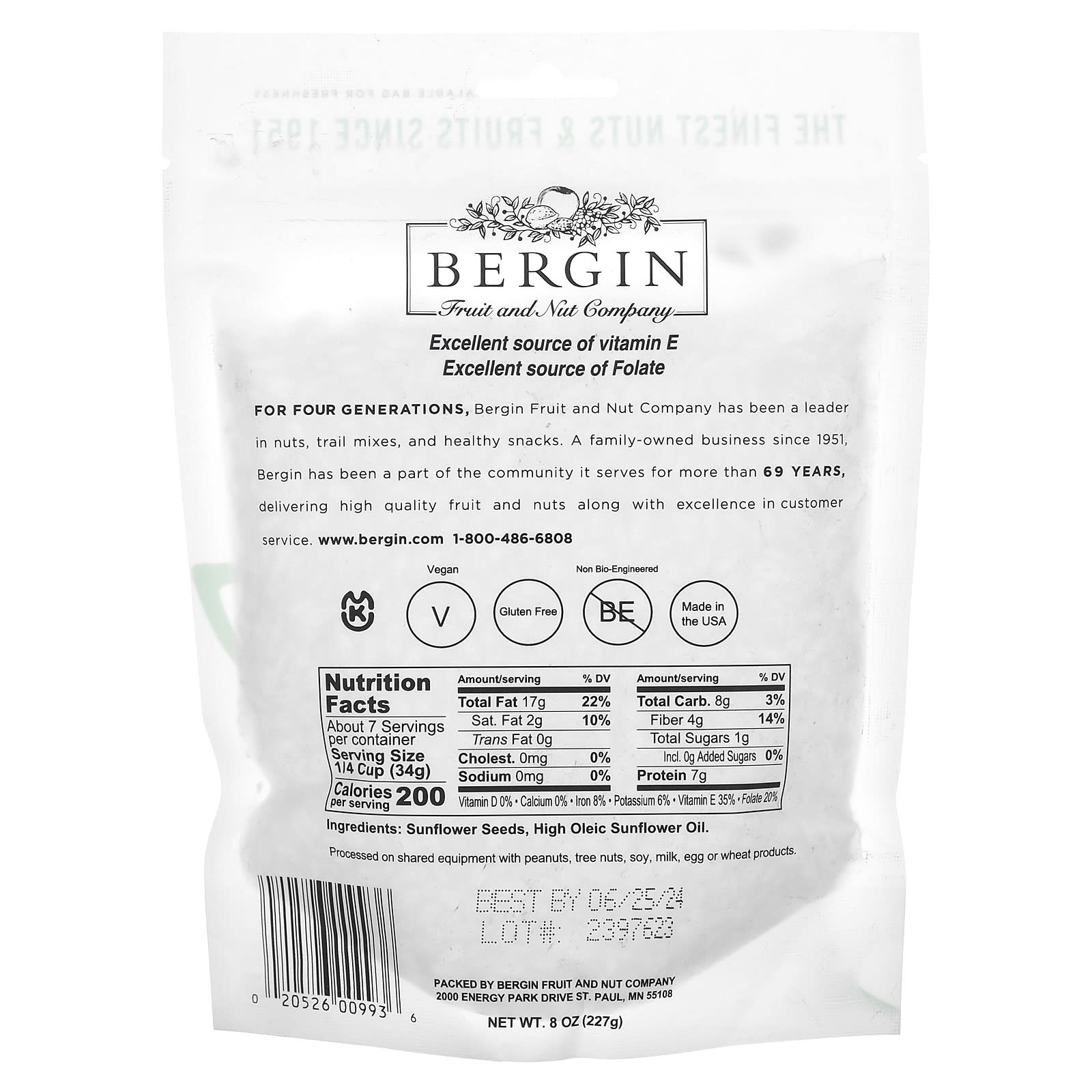 Bergin Sunflower Seeds, Roasted & No Salt, 8 oz, Vegan & Gluten-Free - Image 2