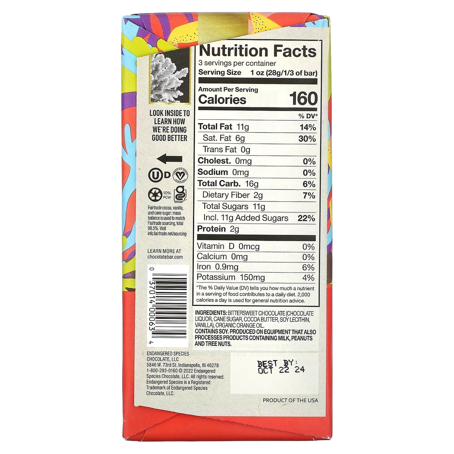 Dark Chocolate Bar with Orange 60% Cocoa | Endangered Species Chocolate - Image 2
