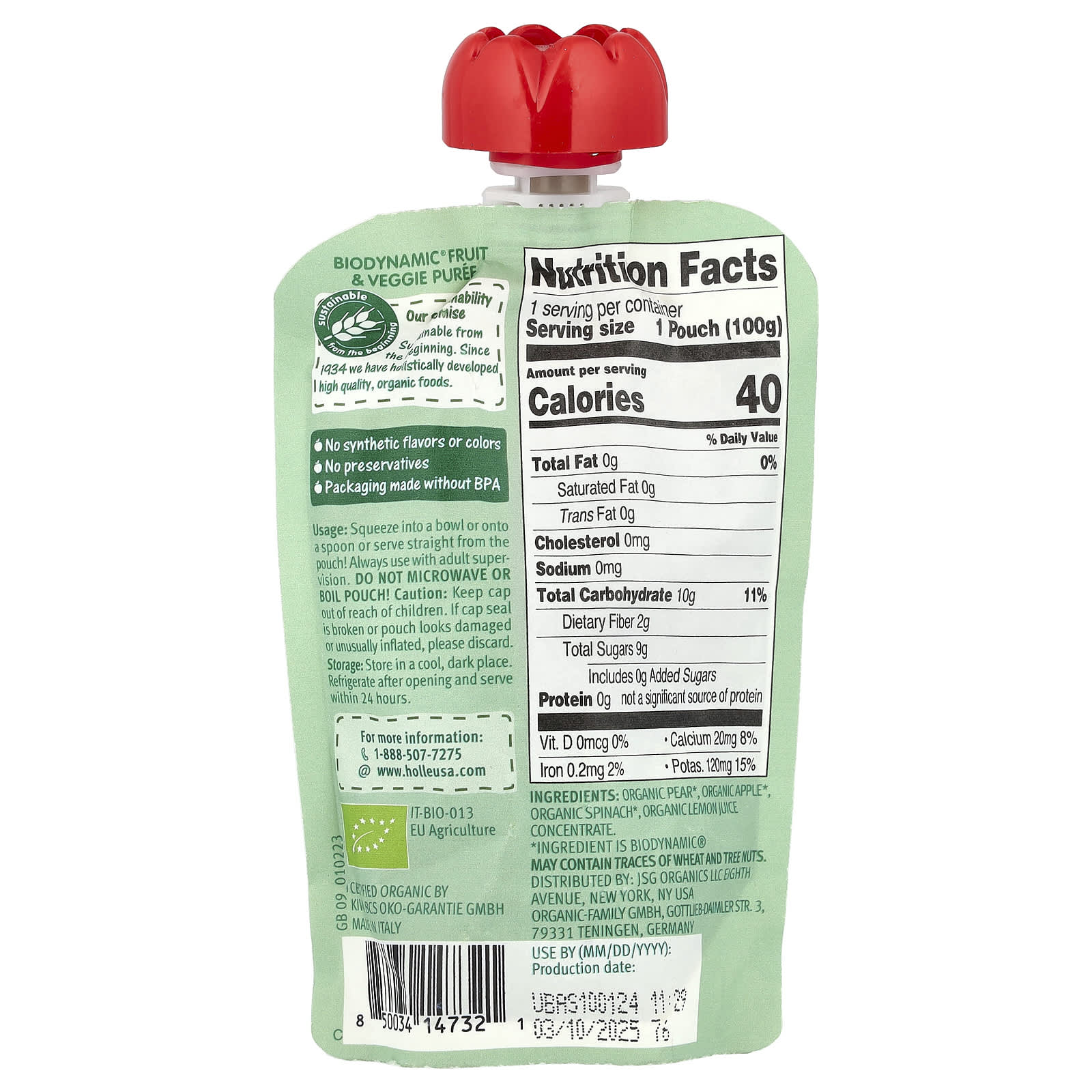 Holle Organic Fruit & Veggie Puree for Babies, 6+ Months, Pear & Apple with Spinach - Image 2