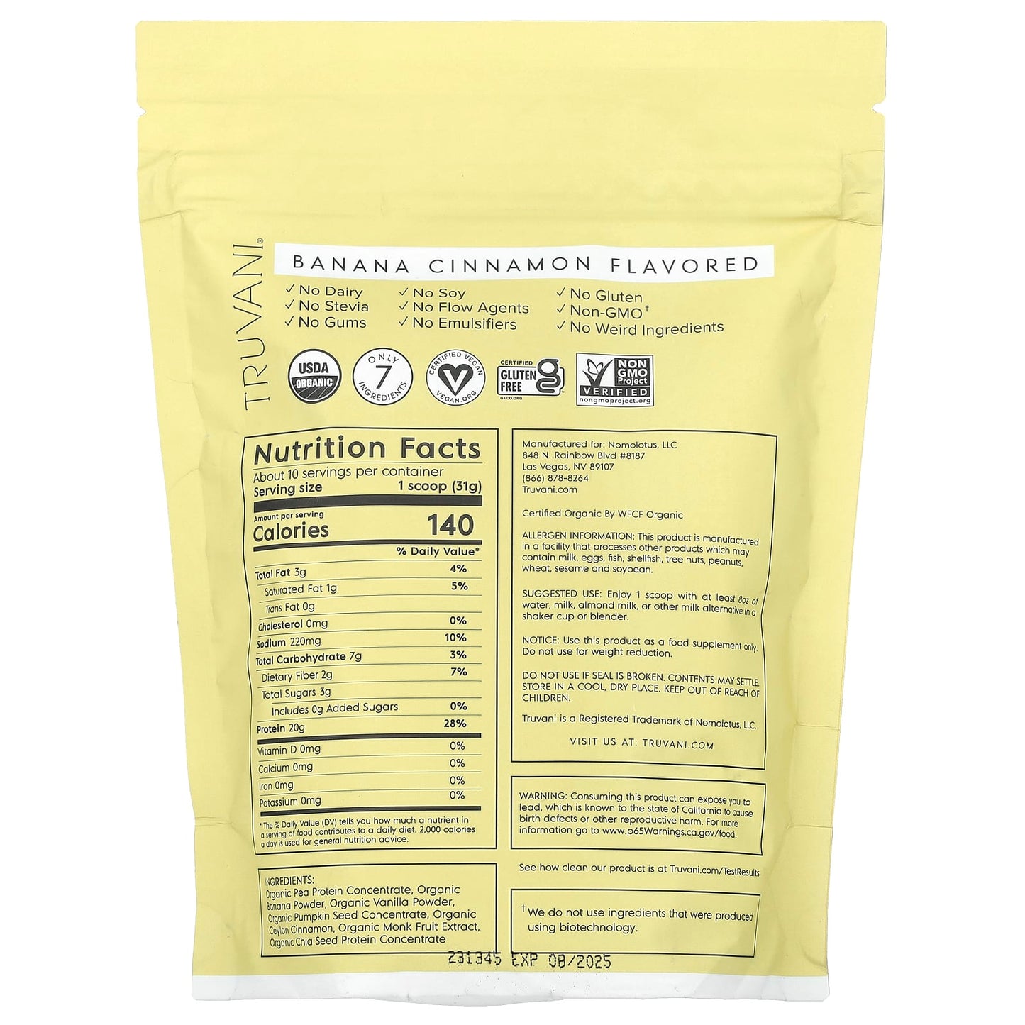 Truvani, Certified Organic Plant Based Protein, Banana Cinnamon, 0.69 lbs (315 g) - Image 2