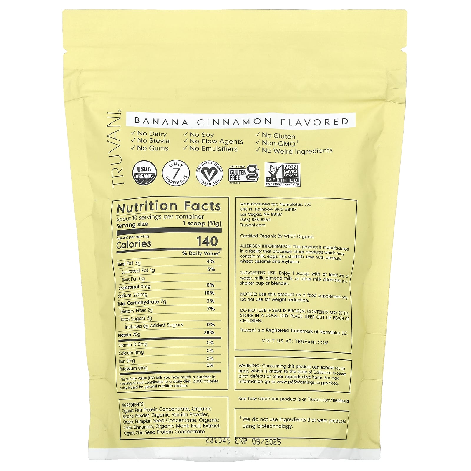 Truvani, Certified Organic Plant Based Protein, Banana Cinnamon, 0.69 lbs (315 g) - Image 2