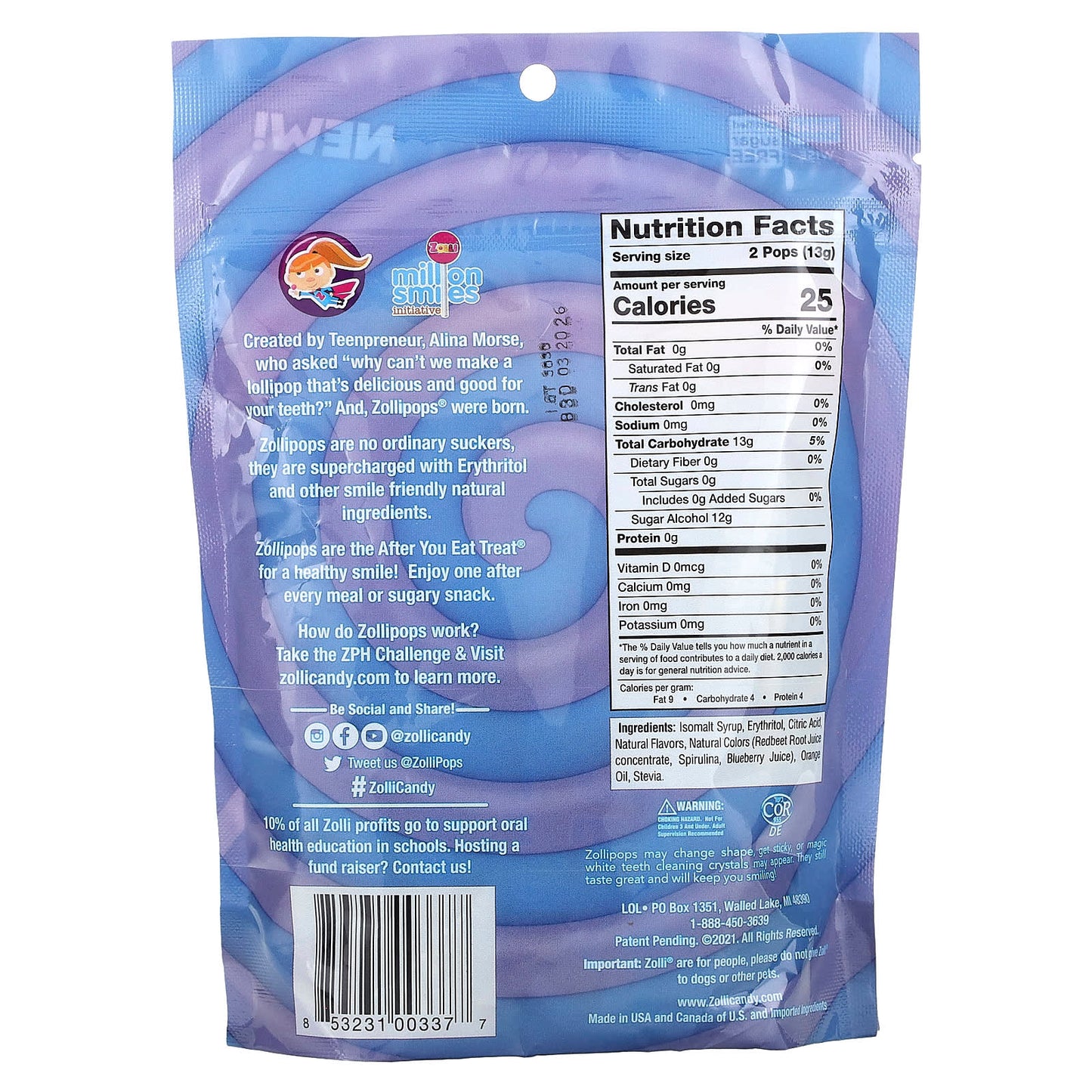 Zollipops, The Clean Teeth Pops, Grape + Blue Raspberry, Approx. 23-25 pops, 5.2 oz - Image 2