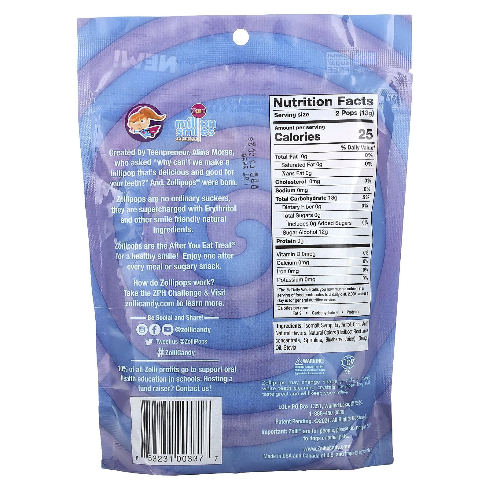 Zollipops, The Clean Teeth Pops, Grape + Blue Raspberry, Approx. 23-25 pops, 5.2 oz - Image 2