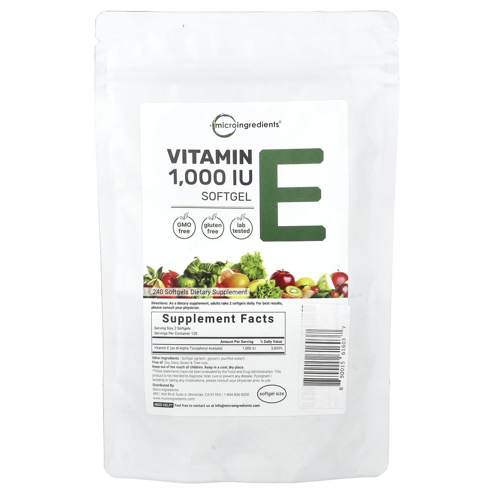 Micro Ingredients, Vitamin E, 240 Softgels (500 IU per Softgel) - Image 1