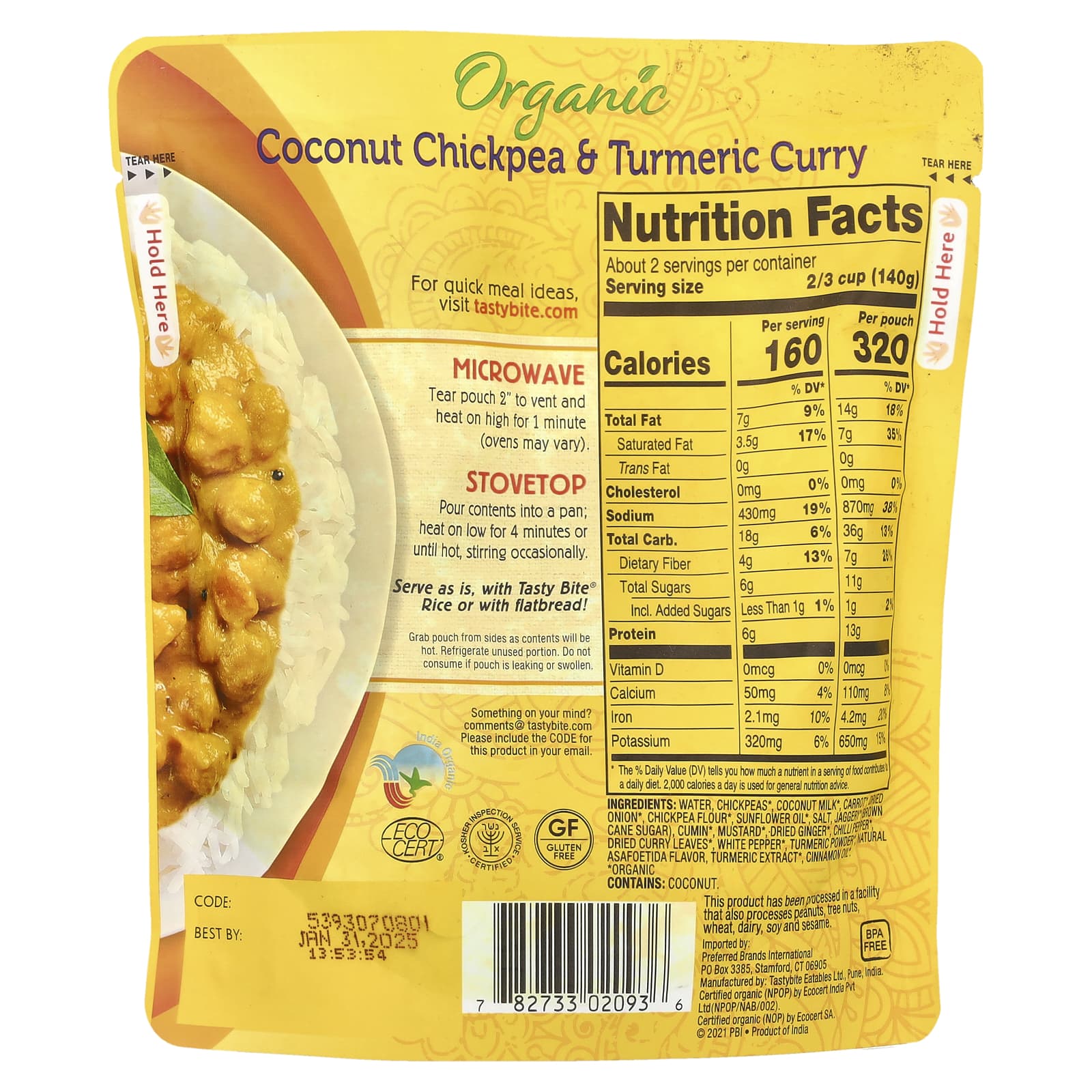 Tasty Bite, Organic Coconut Chickpea & Turmeric Curry, 10 oz (285 g) - Image 2