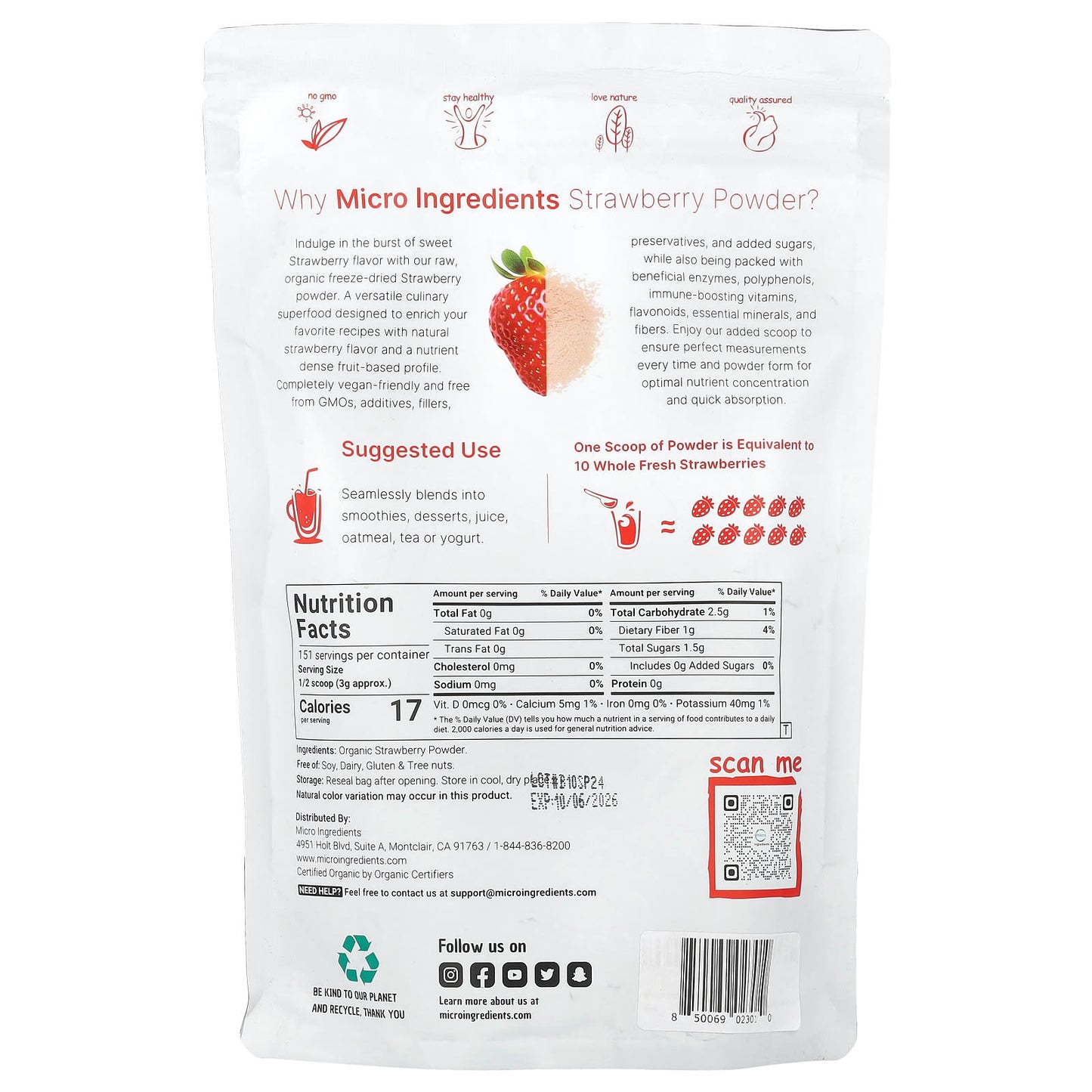 Micro Ingredients, Organic Strawberry Powder, 1 lb (454 g) - Image 2