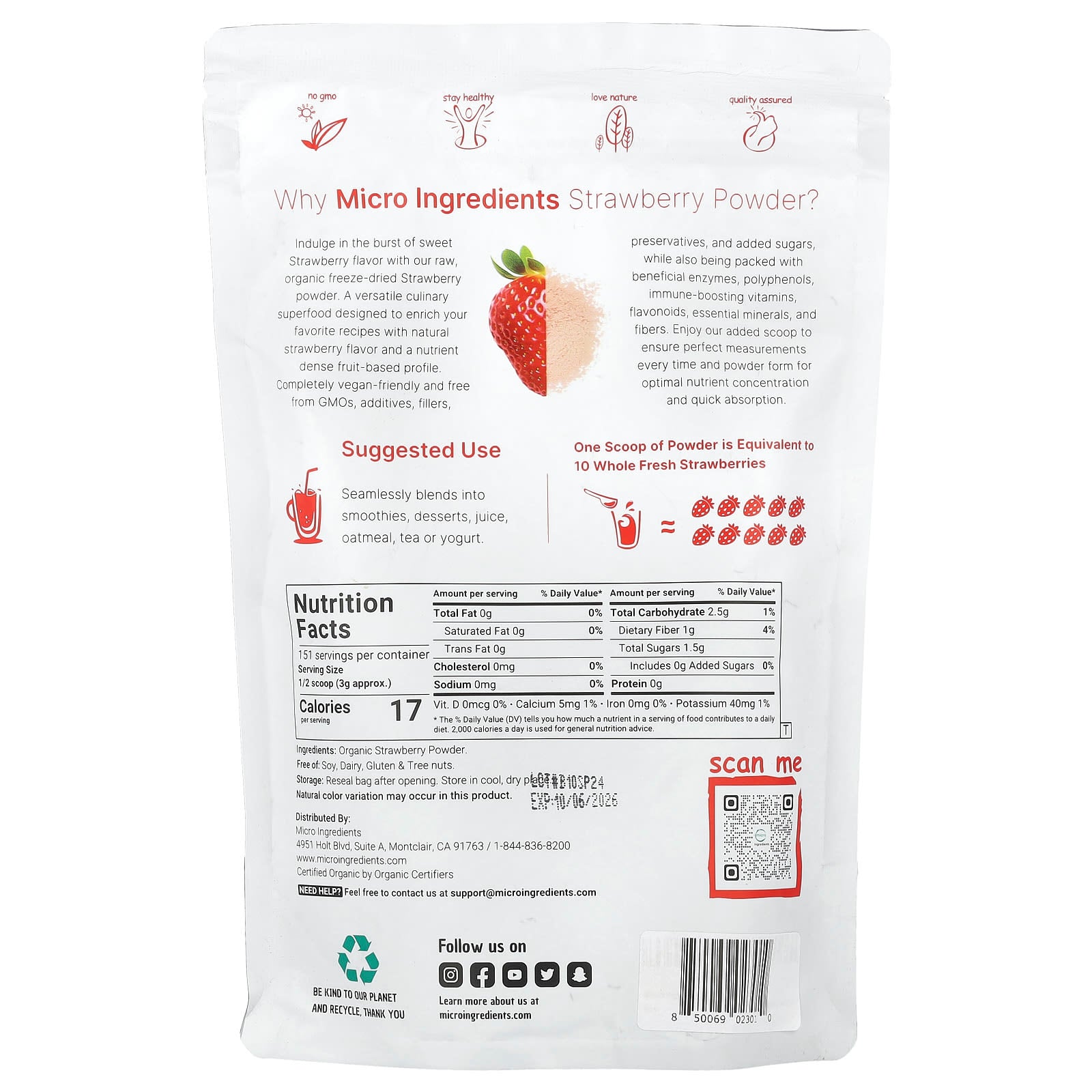 Micro Ingredients, Organic Strawberry Powder, 1 lb (454 g) - Image 2