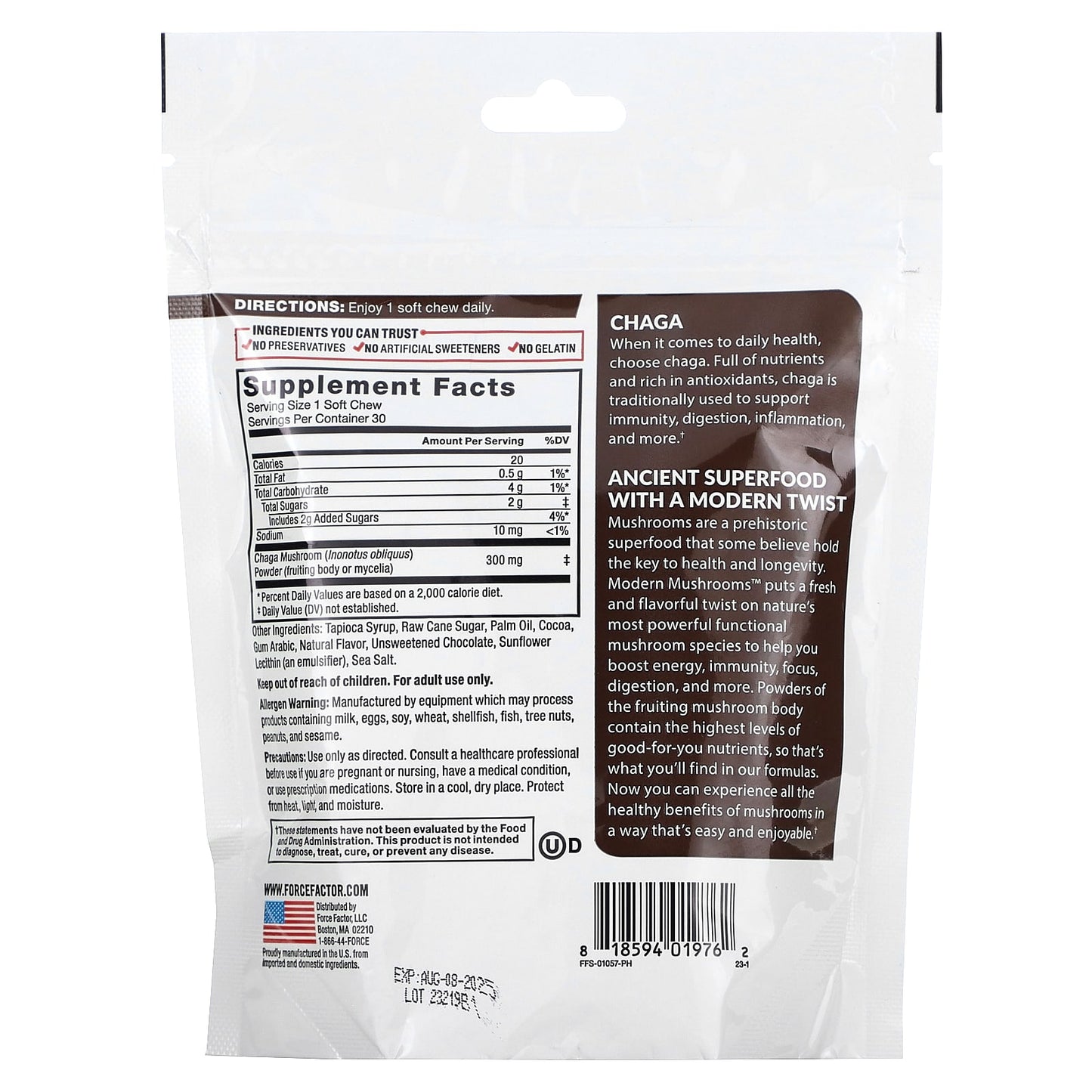 Force Factor Modern Mushrooms Chaga Chewy Chocolate Roll, 300mg, 30 Soft Chews - Image 2