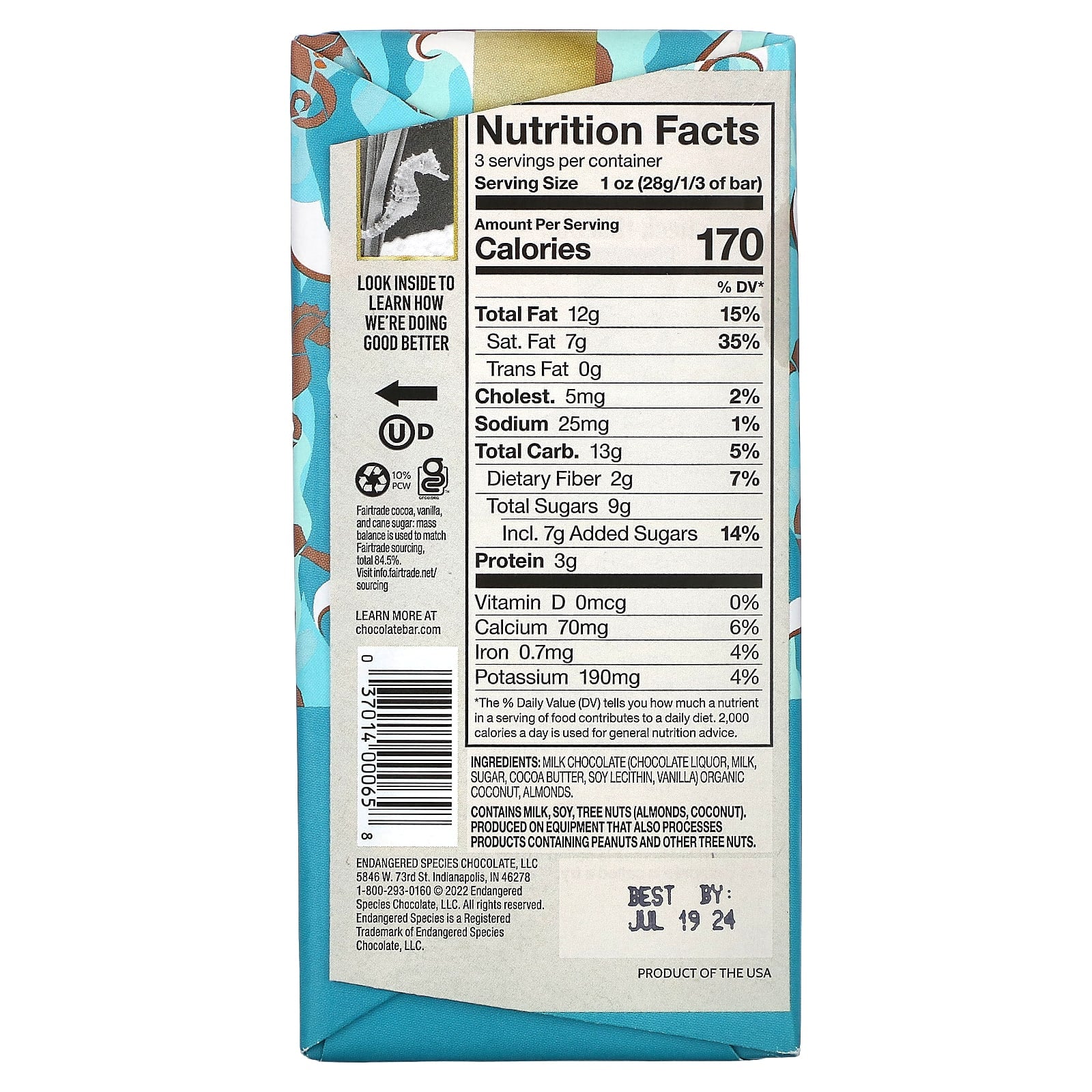 Endangered Species Chocolate Coconut Almond Milk Bar 3oz (85g) - Image 2