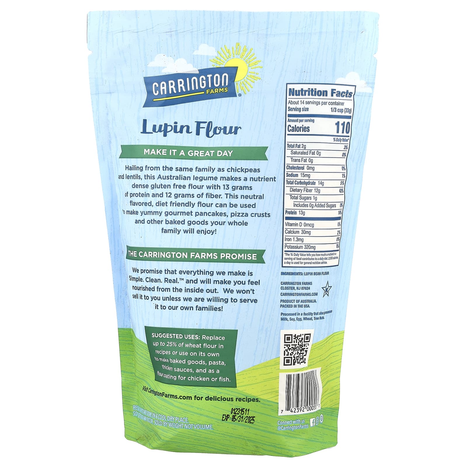 Carrington Farms Lupin Flour 16 oz - Gluten Free, Vegan & Keto Friendly - Image 2