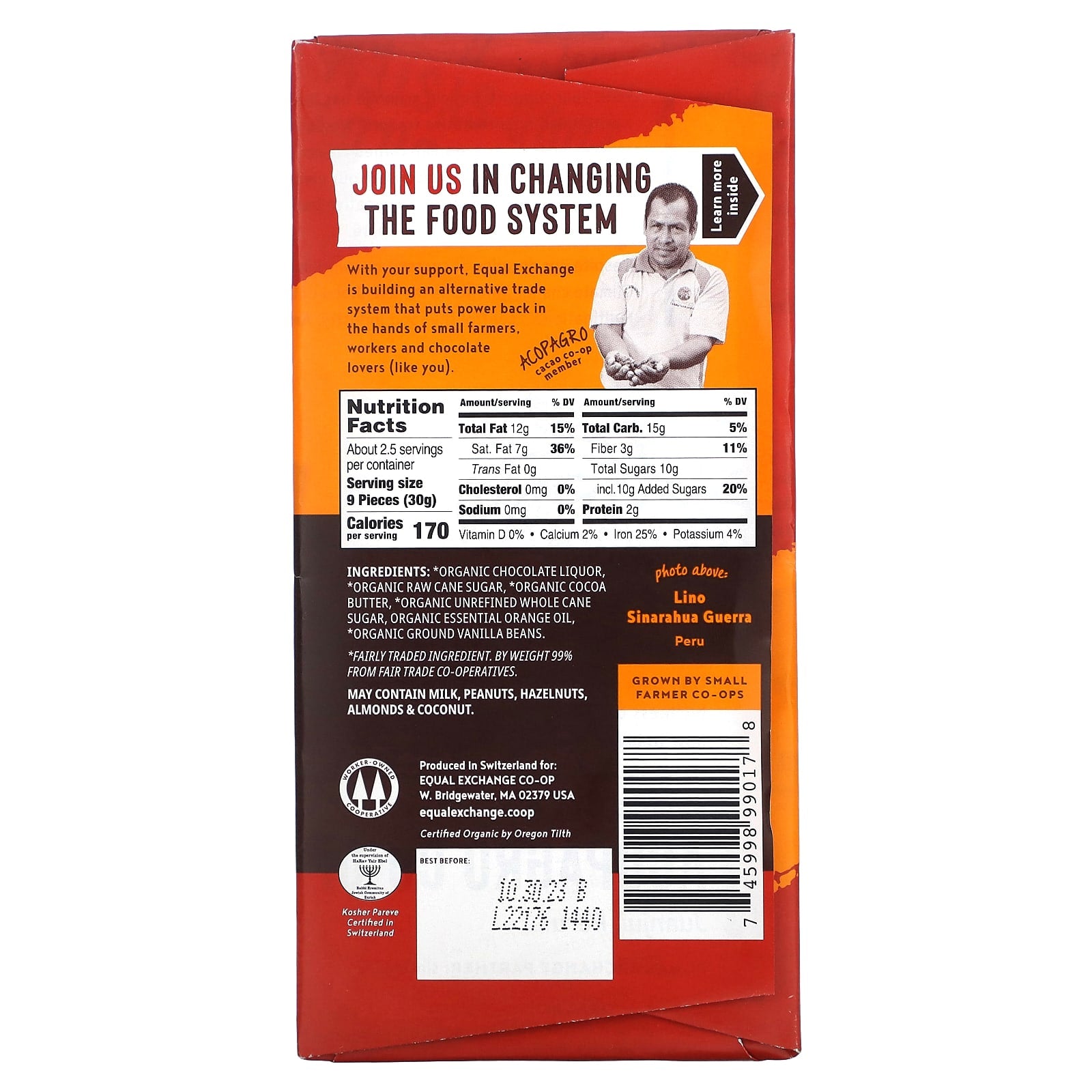 Organic Dark Chocolate with Orange, Fair Trade, 65% Cacao, 80g - Image 2