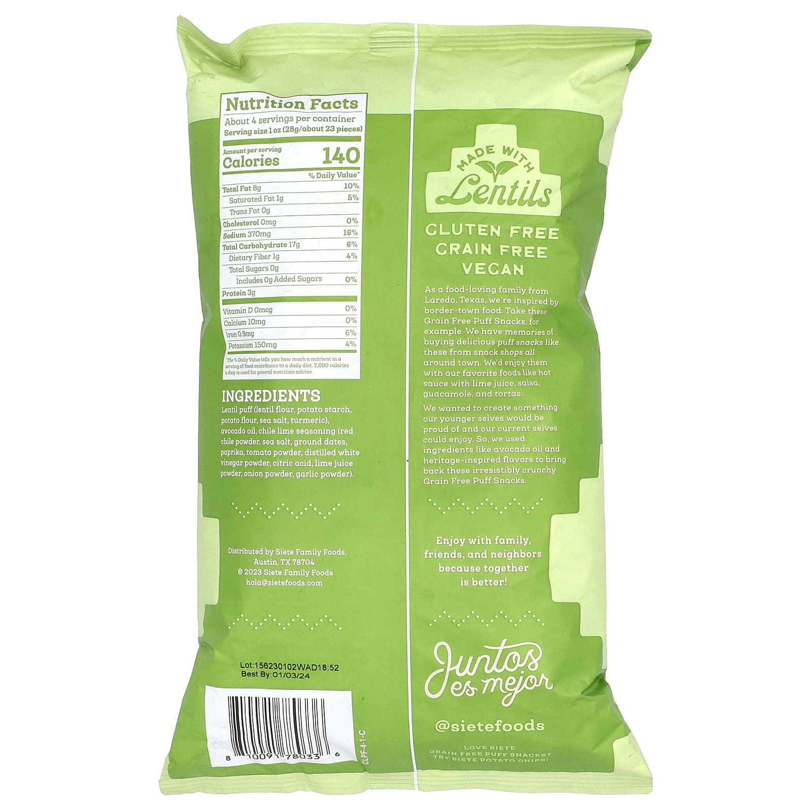 Siete, Grain Free Puff Snacks, Chile Lime, 4 oz (113 g) - Image 2