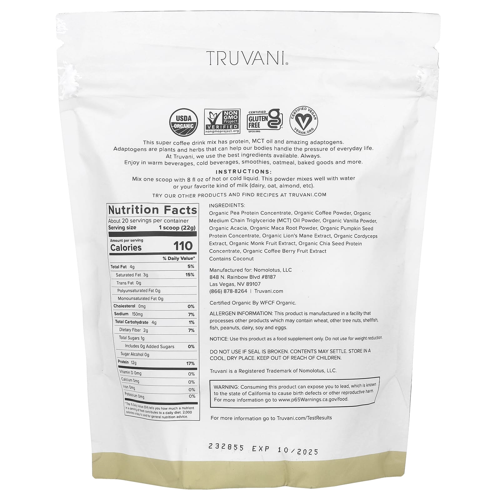 Truvani, Protein + Energy, Vanilla Latte, 15.87 oz (450 g) - Image 2