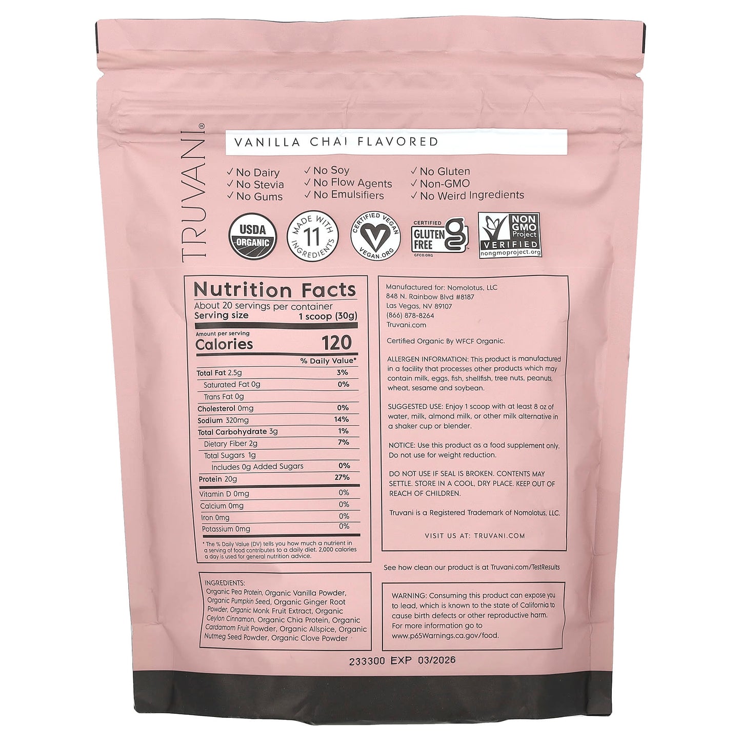 Truvani, Certified Organic Plant Based Protein, Vanilla Chai, 1.35 lbs (612 g) - Image 2