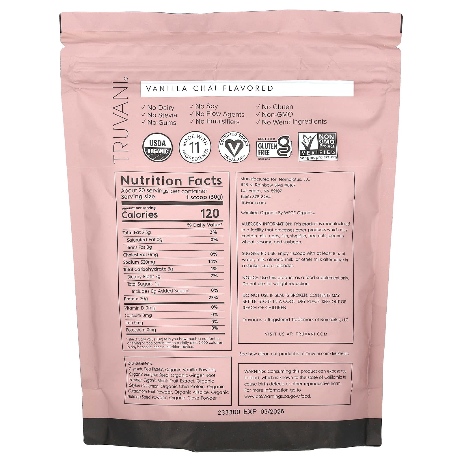 Truvani, Certified Organic Plant Based Protein, Vanilla Chai, 1.35 lbs (612 g) - Image 2