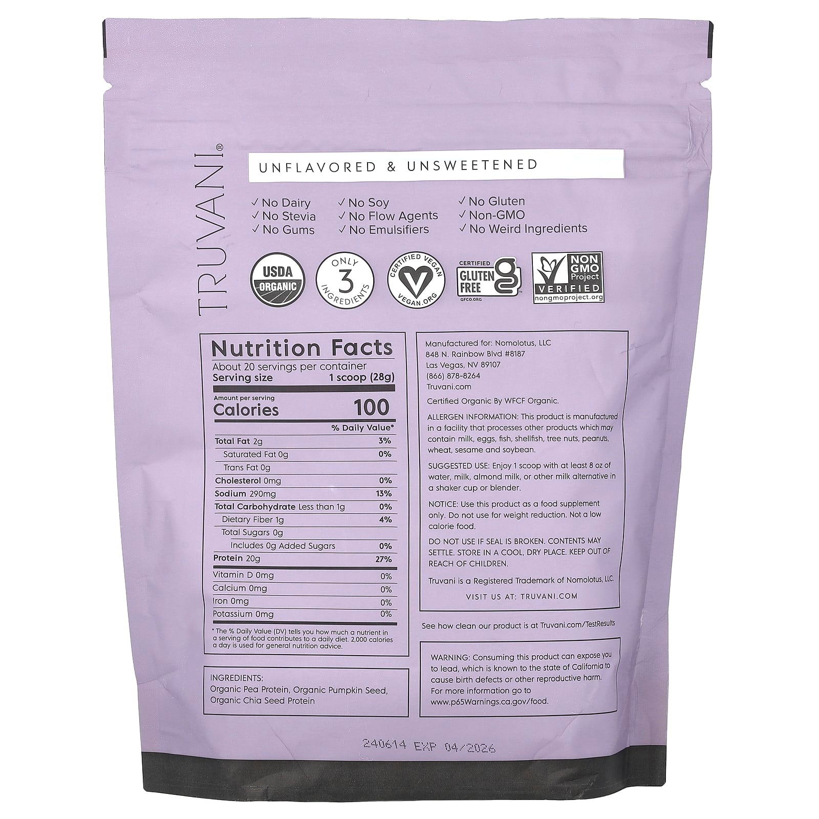Truvani, Plant Based Protein, Unflavored, 1.23 lbs (560 g) - Image 2